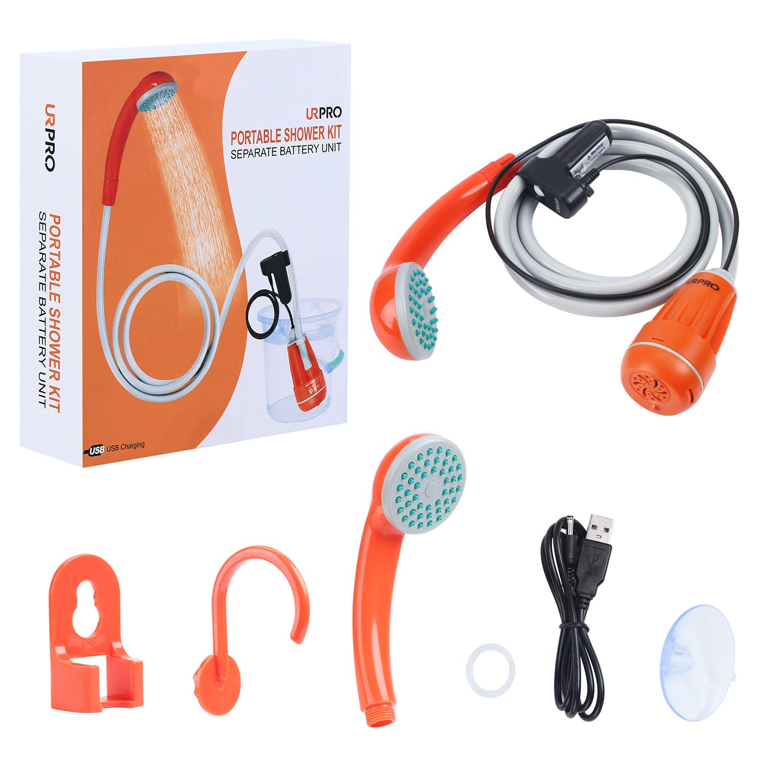 Ducha portátil de camping, cabezal de ducha al aire libre, bomba de ducha, baterías recargables USB desmontables, bombea agua del cubo, para camping, senderismo, limpieza de mascotas, ducha de
