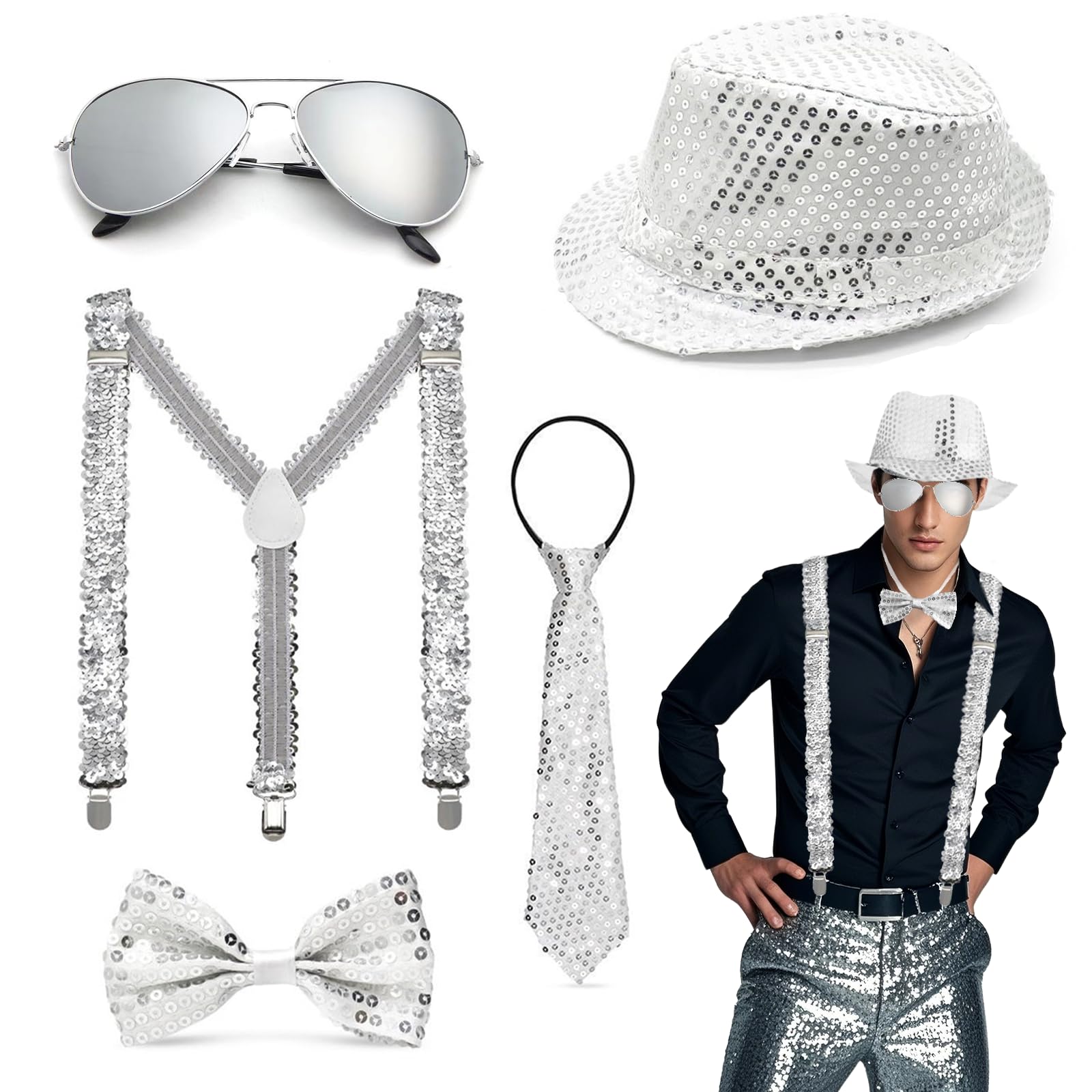 70er/80er Jahre Disco Outfit Set – Paillettenhut, Glitzerkrawatte, Handschuhe & Sonnenbrille Für Karneval, Fasching & Themenpartys