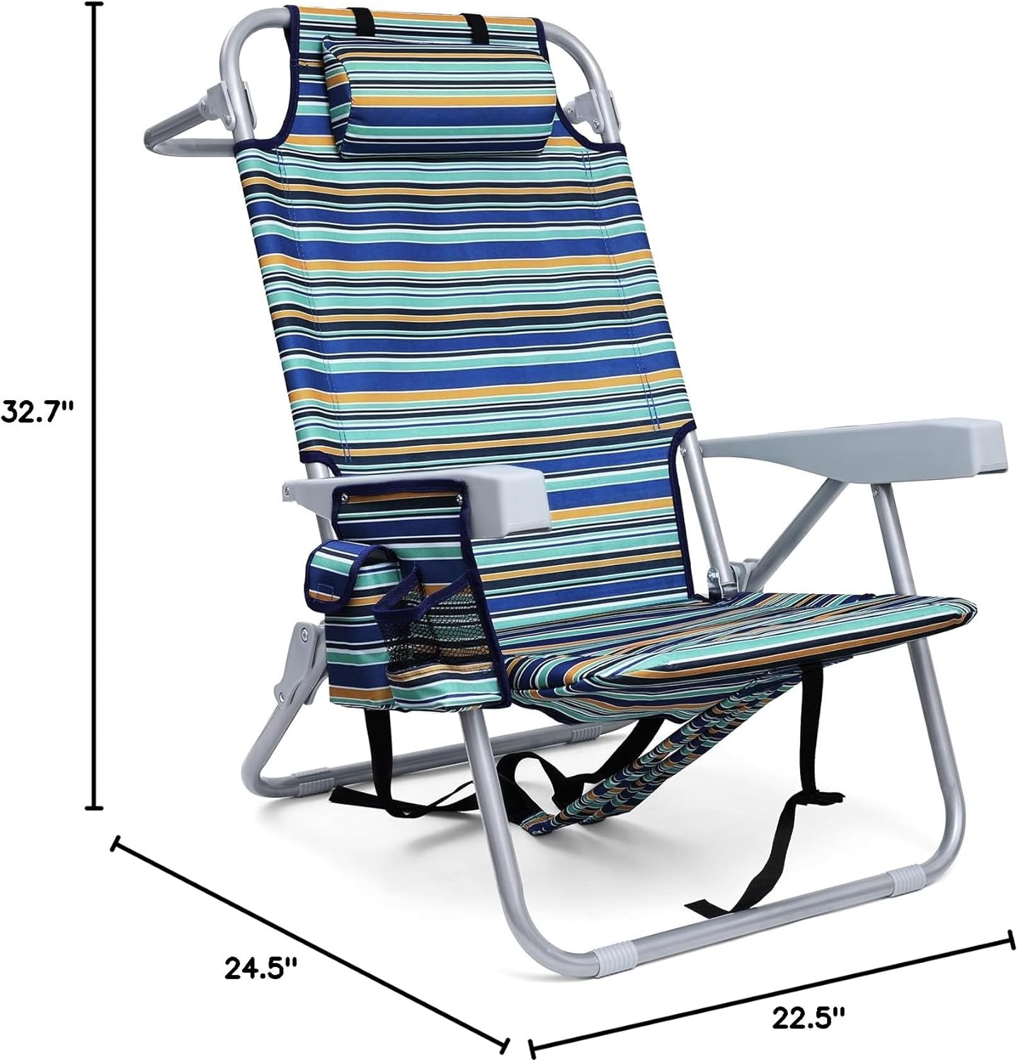 Backpack Beach Chair for Adults, Folding Beach Chair with 4 Positions, Heavy Duty Chair with Large Cooler Pouch Support to 350LBS (Stripes_Blue&Cyan&Yellow) - Image 3