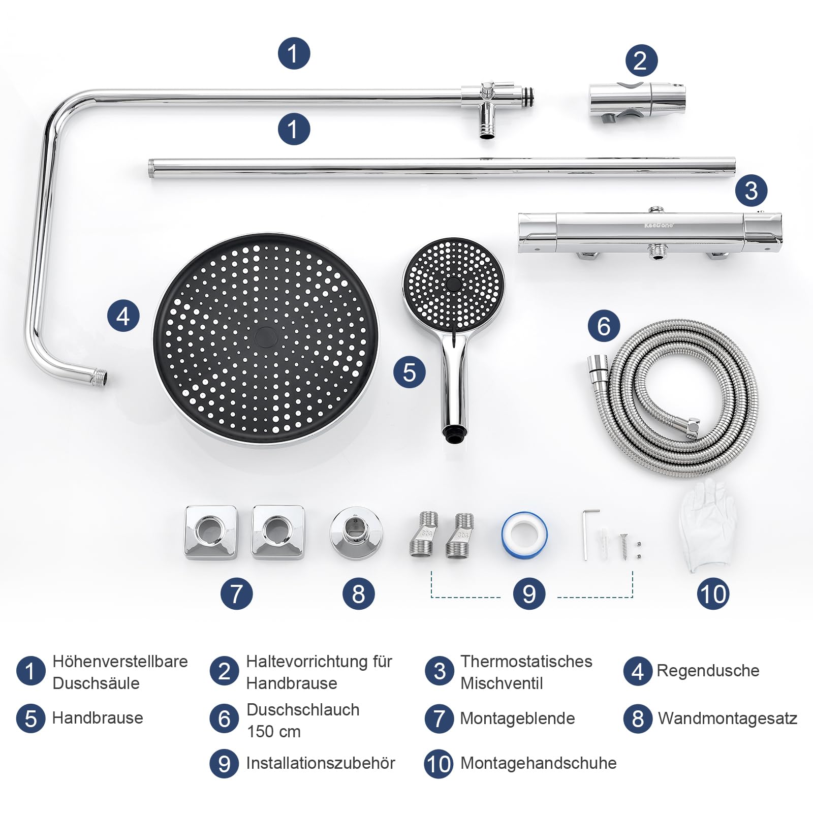 Duschsystem mit Thermostat Edelstahl Regendusche 25cm Handbrause 3 Strahlarten Duscharmatur Komplettset Höhenverstellbar mit Anti-Verbrühungsschutz Wassersparend Einfach Installieren
