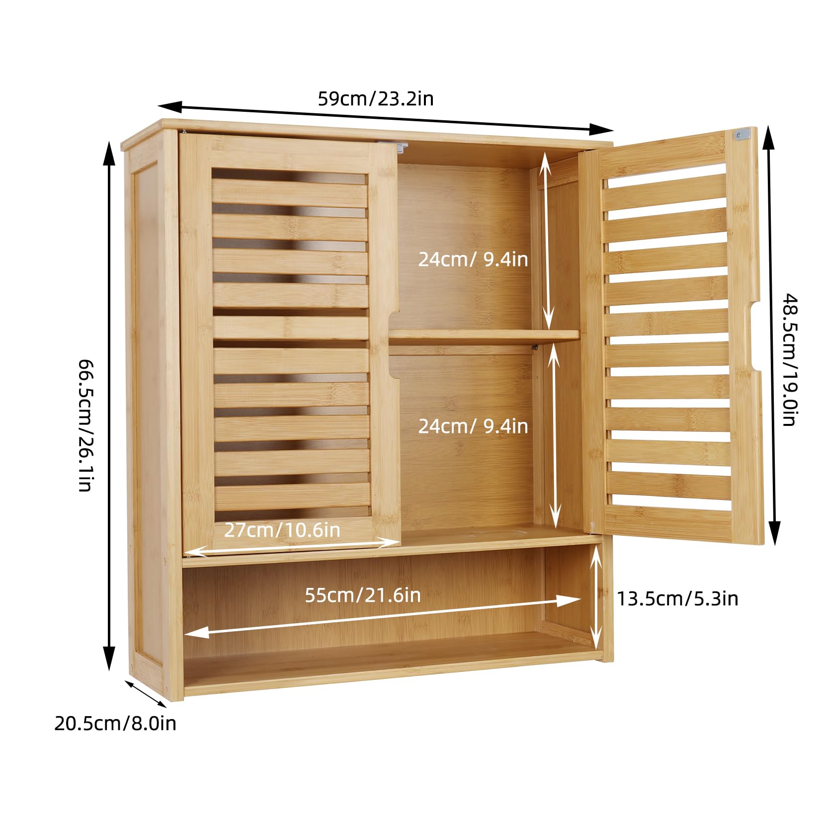 unho Hängeschränke fürs Bad, Badezimmerschrank Wandmontage, Wandschrank mit 2 Türen und verstellbaren Regalen, 59 x 20,5 x 66,5 cm