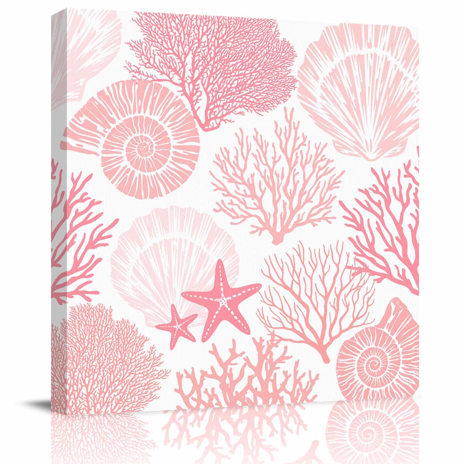 Framed Canvas Wall Art for Living Room Pink Coral Wall Decor, Seashell Starfish Marine Life Aesthetic Paintings for Bedroom Office Kitchen Bathroom,
