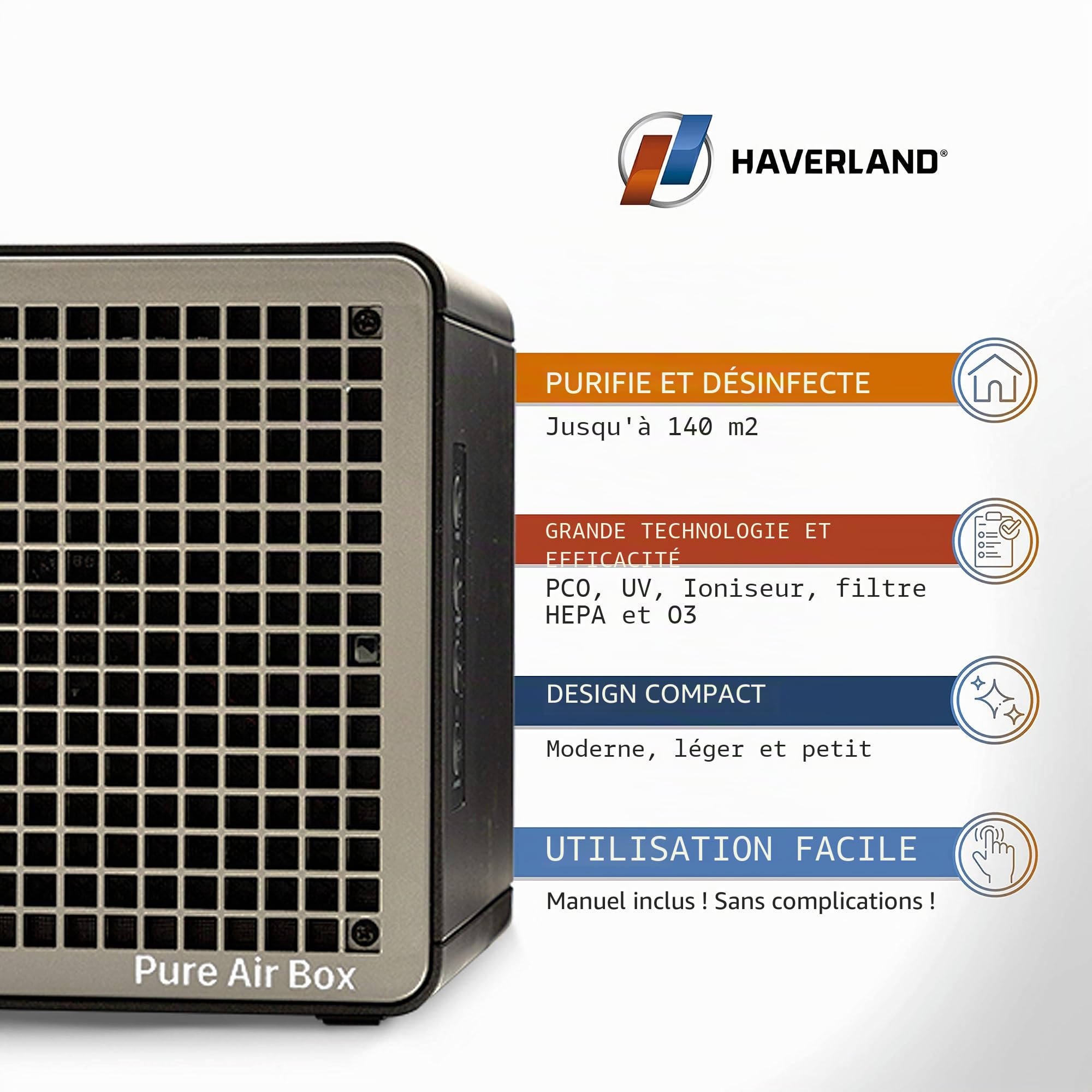 HAVERLAND PUREAIRBOX - Purificateur Désinfection d’Air et de Superficies PCO | Efficacité 99,99% | Désinfecte l’Air et vos pièces | Rayons UV + Ioniseur + OZONE à faible concentration | Ultra-Compact
