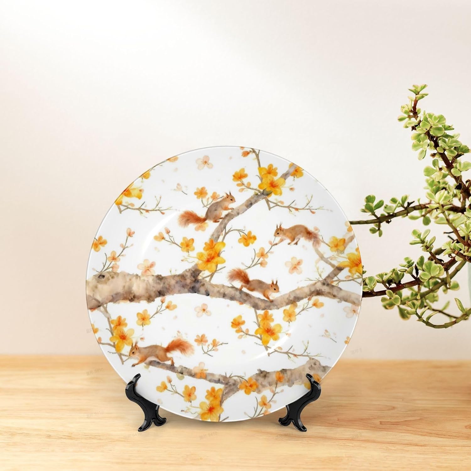 Squirrel On A Branch Style Ceramic Plate Display Decorative Plate With Stand Wall Hanging Plate For Home Decor 10 Inch