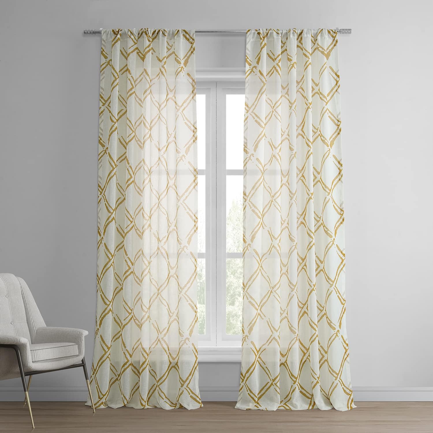 HPD Half Price Drapes Geometric Printed Sheer Curtain for Bedroom 96 Inches Long (1 Panel) - Rod Pocket Curtains for Living Room & Windows 50 X 96, Normandy Gold