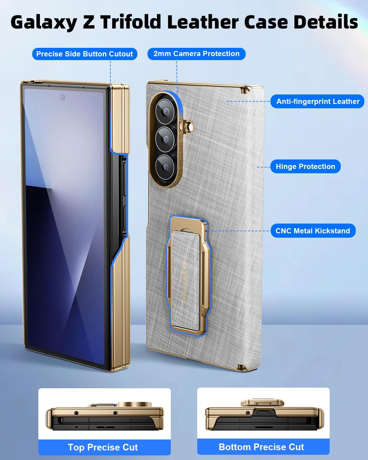 OATSBASF Grip for Samsung Galaxy Z Trifold Phone Case, with 360° Rotatable Kickstand & Magnetic Wristband, Drop-Proof Leather & Metal Cover, Silver