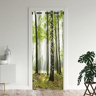 Woodland Door Curtains for Doorways, Jungle Forest Scenery Nature Trees Green Blackout Curtain for Kids Bedroom Closet, Grommet Thermal Insulated Privacy Door Drapes for Room Divider, 34