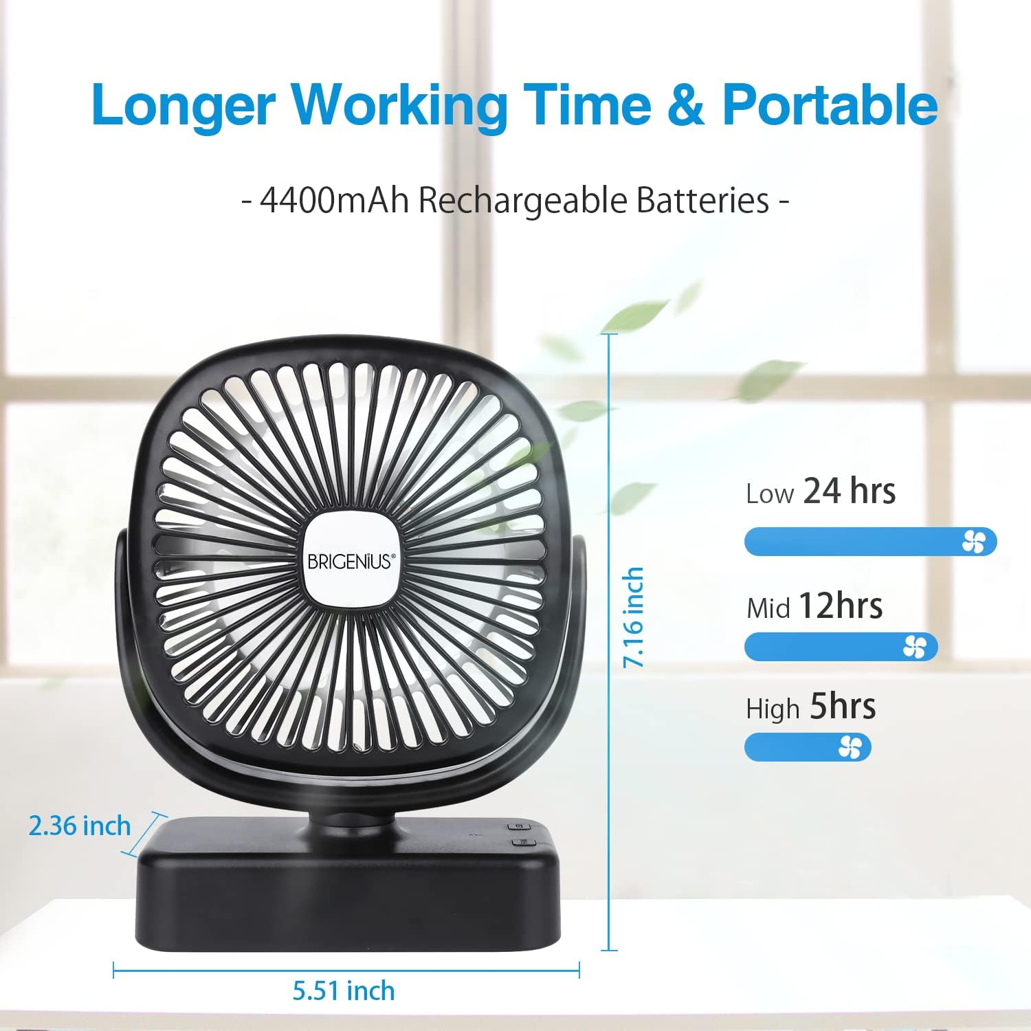 BRIGENIUS Camping Fan LED Lantern, Portable Mini Desk Fan USB Rechargeable 4400mAh Battery Operated Fan with Hook, 3 Speeds Personal Silent Tent Fan for Camping, Home & Office