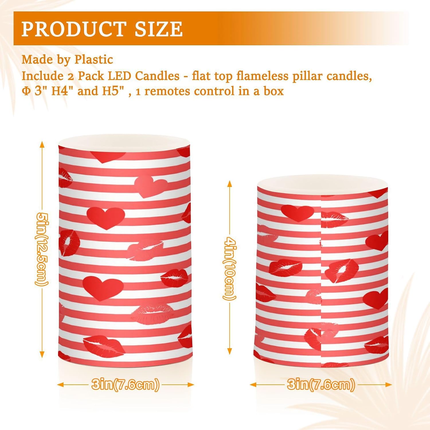 Red White Striped Heart Lip Love Decorative Flickering Votive Candles Battery Operated Electronic Lights Waterproof with Remote for Thanksgiving Outdoor Battery Operated