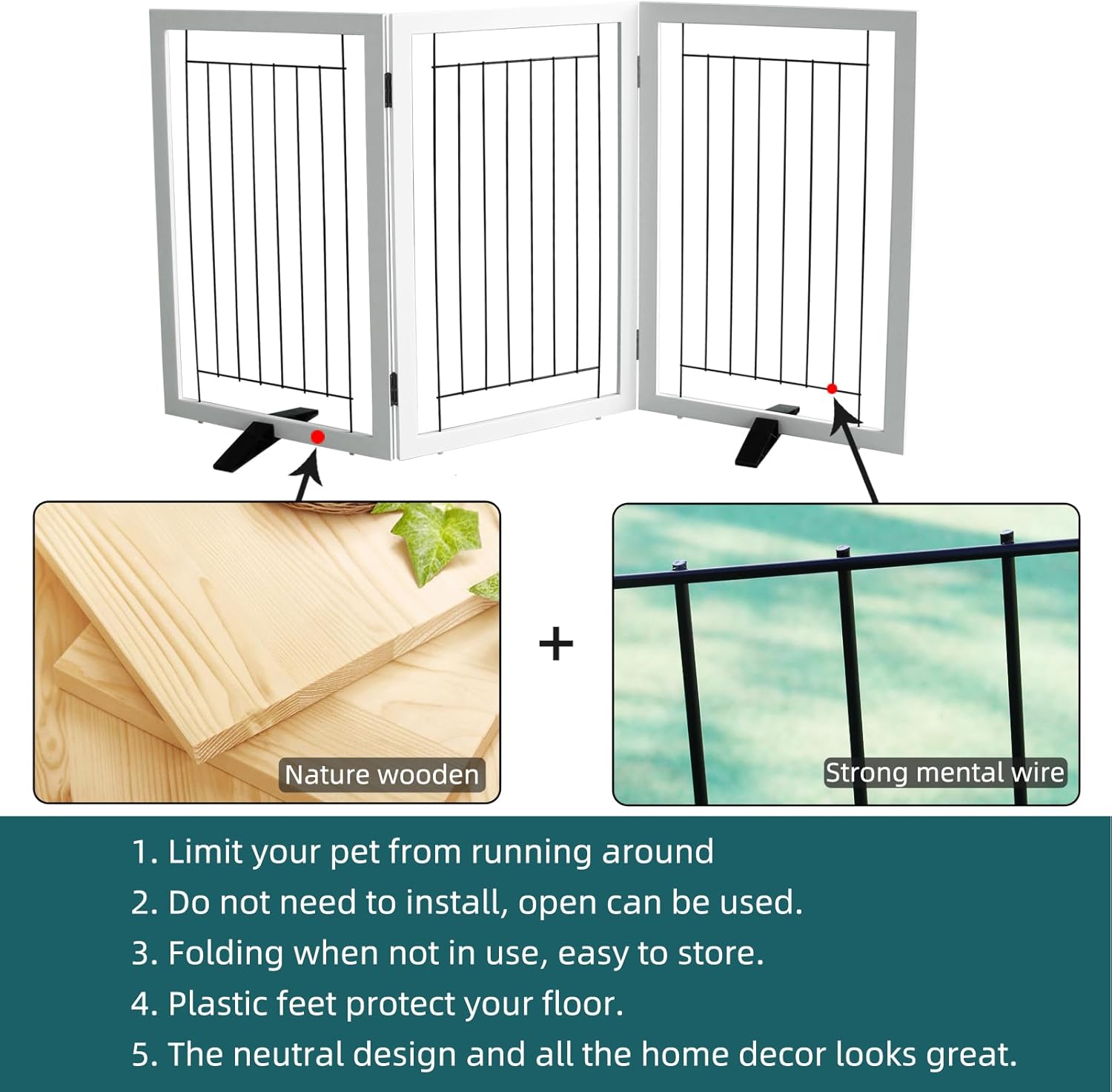 ZJSF Freestanding Dog Gate Indoor, Foldable Dog Fence for Doorways,Hallways or Stairs, Sturdy Wood Extra Wide Pet Gate with Support Feet,White,32 Height-3 Panels