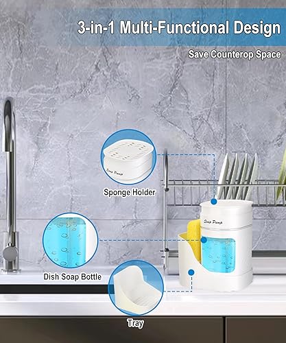 Miniatura 2 de Dispensador de jabón para platos 3 en 1 con soporte de esponja (incluye esponja), color blanco para fregadero de cocina