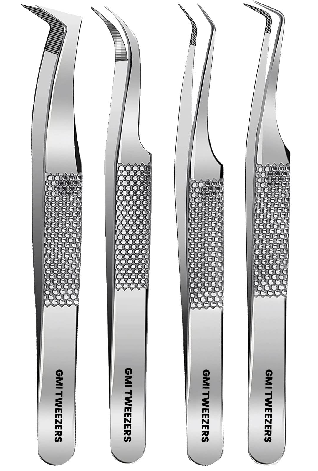 GMI Lash Tweezers - Pack of 4 Firber Tip Eyelash Tweezers - Stainless Steel Eyelash Extension Tweezers (SILVER)