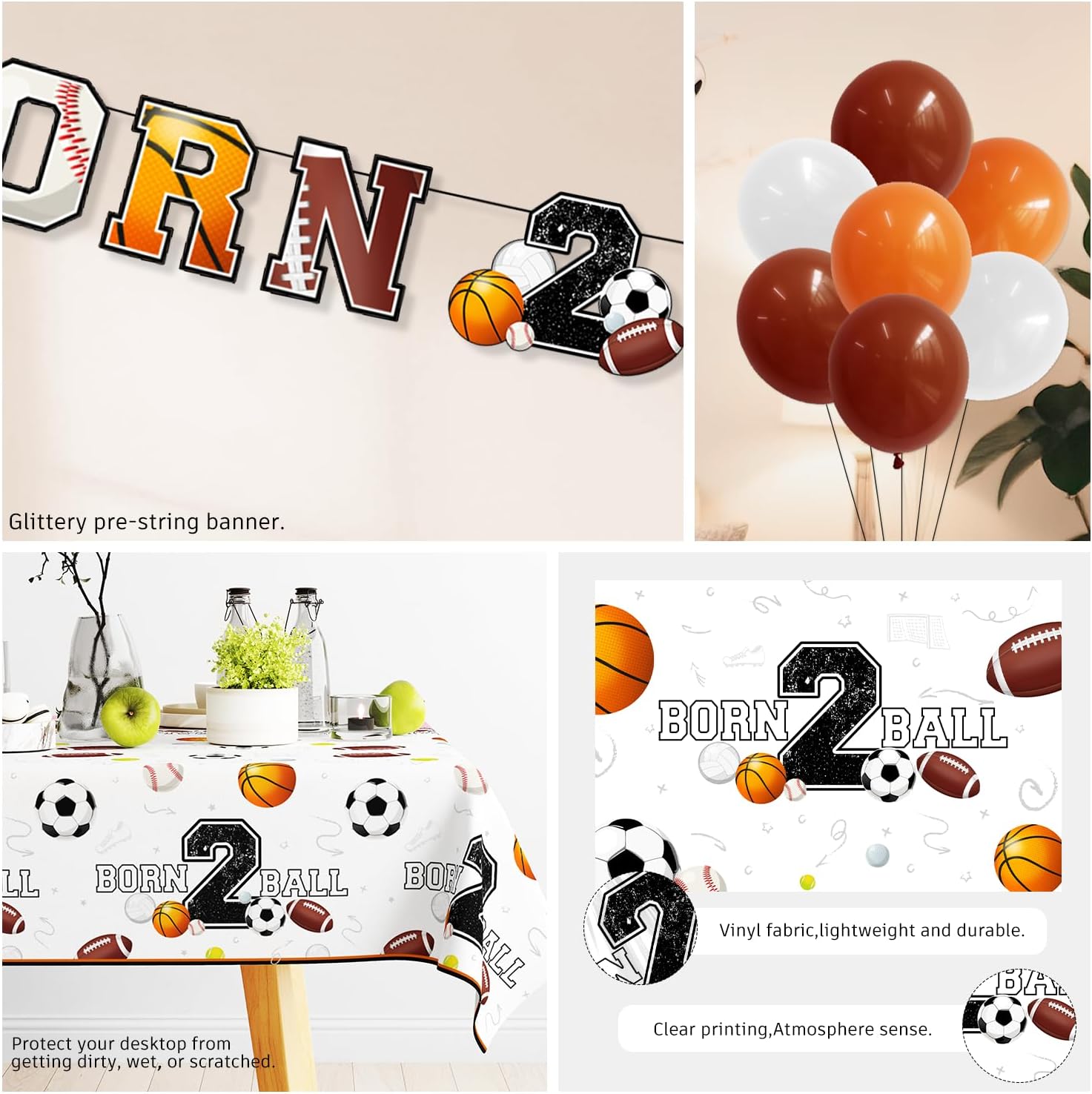 160 PCS Born 2 Ball Birthday Decorations, All-in-One Tableware Set Includes Backdrop, Balloon, Candle, Tablecloth, for Ball Themed 2nd Birthday Party Decorations, Serves 20