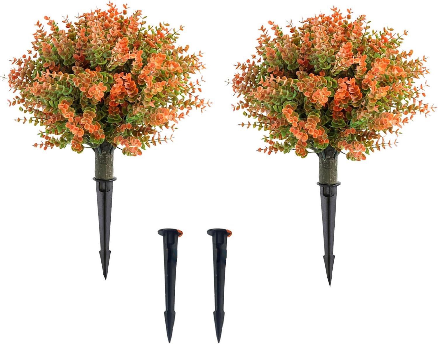 Artificial Orange Eucalyptus Topiary Shrubs with Ground Spike for Outdoor Decor, Faux Plants for Patios, Set of 2