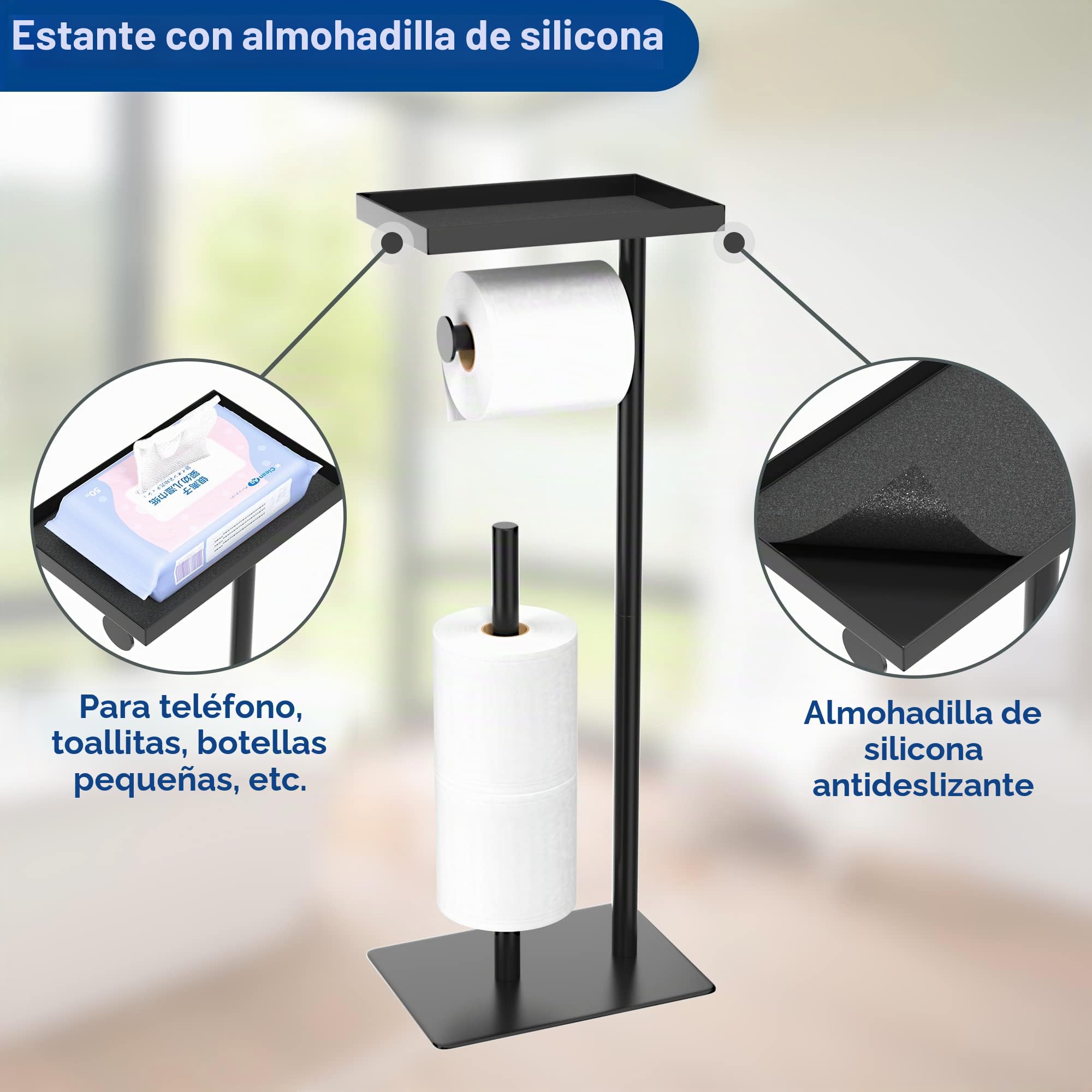 Susswiff Portarrollos de Papel higiénico Independiente con Estante de Almacenamiento Superior, Soporte de Papel higiénico Negro, Almacenamiento de 4 Rollos de Reserva