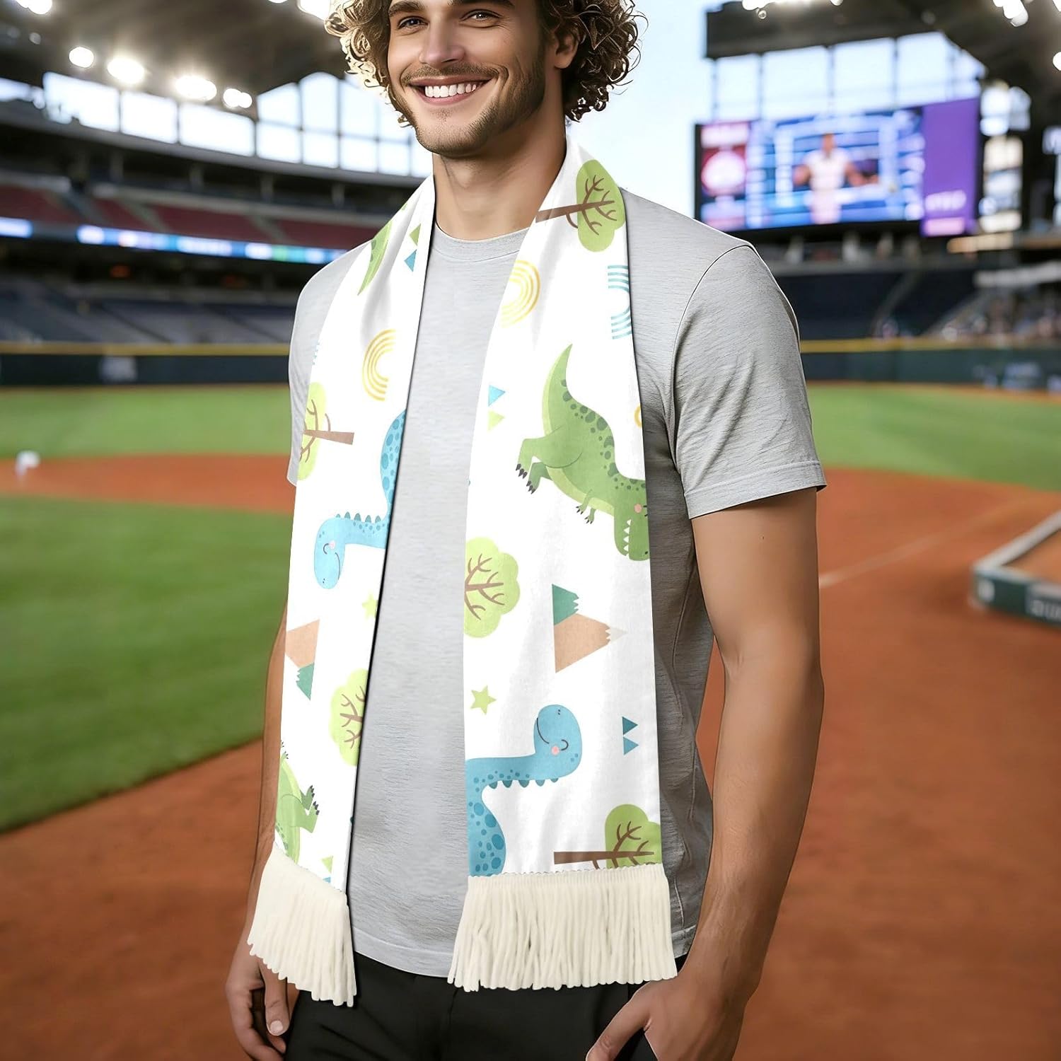 CHIFIGNO Cute Dinosaur Mountains White Sports Fan Scarf Towel, Soft Absorbent Polyester Scarf for Soccer Games, Quick Dry Cheering Banner