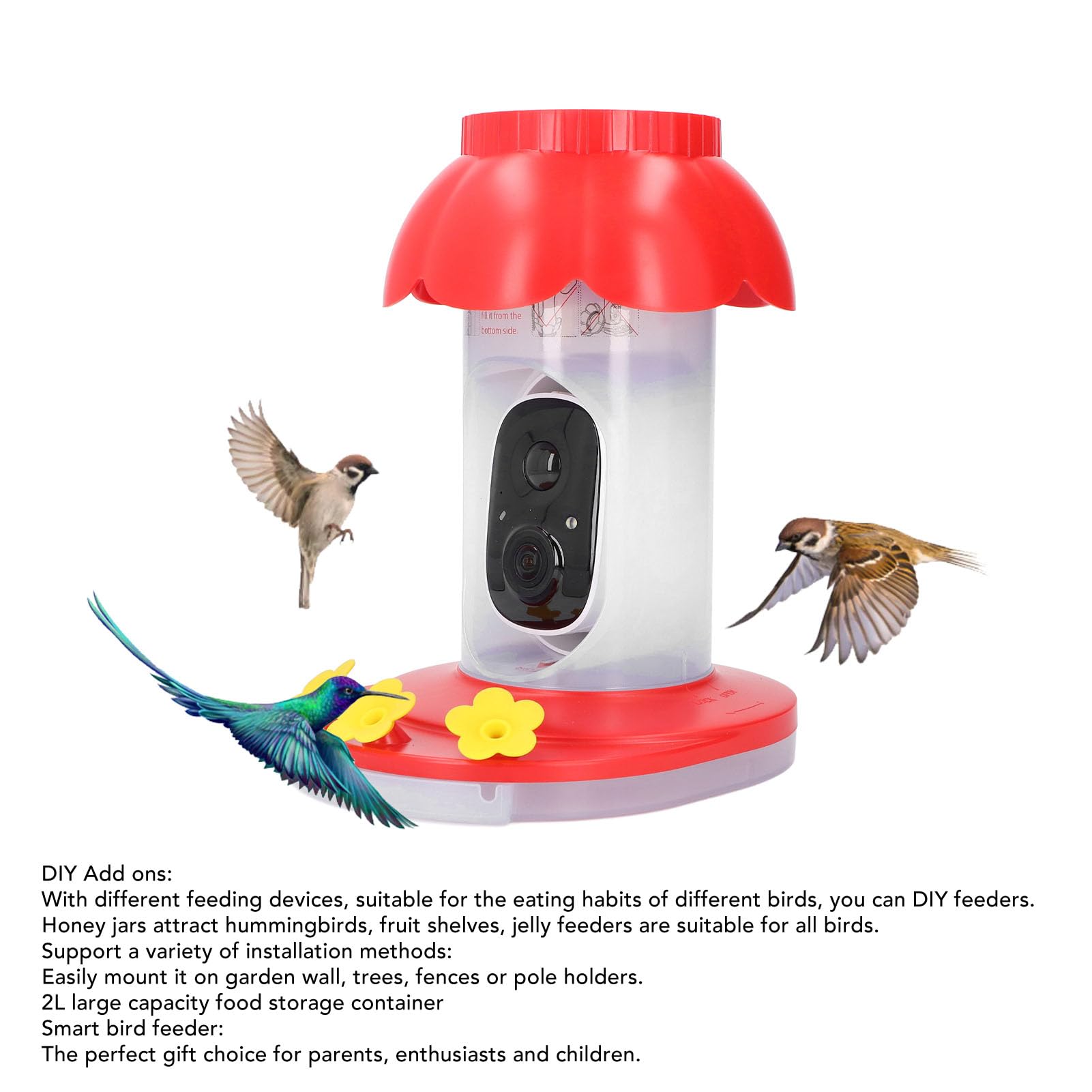 Cámara Inteligente para Comedero de Pájaros con Reconocimiento AI Más de 10000 Especies WiFi Alimentador de Pájaros Cámara Inalámbrica para Exteriores con Visión Nocturna
