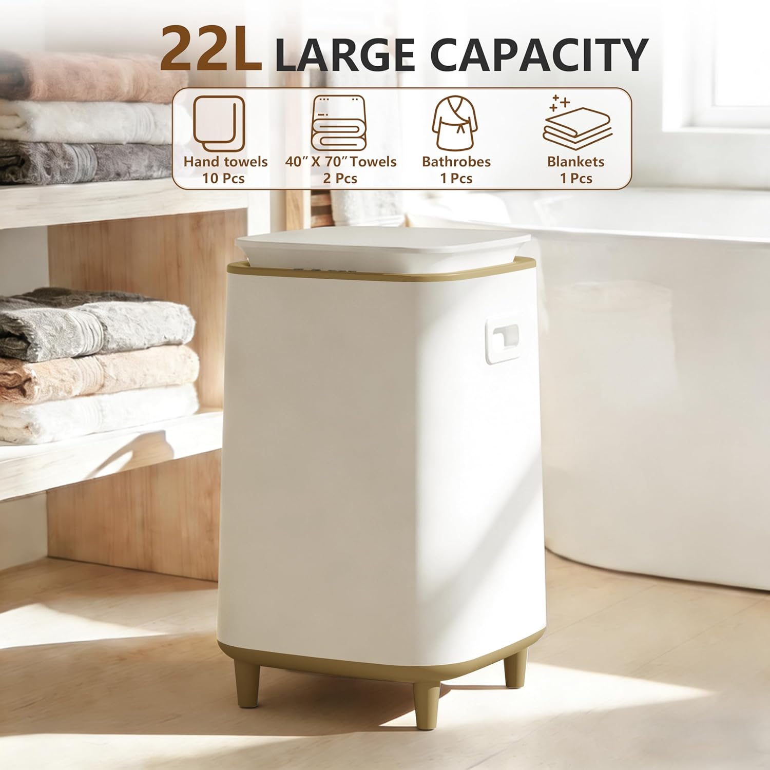 22L Towel Warmer for Bathroom – Fast Heating Blanket Warmer, Fits Two 40" x 70" Oversized Towels, Blankets & Bathrobes, Auto Shut-Off, Adjustable Timer, Portable Towel Warmer Bucket - Brown