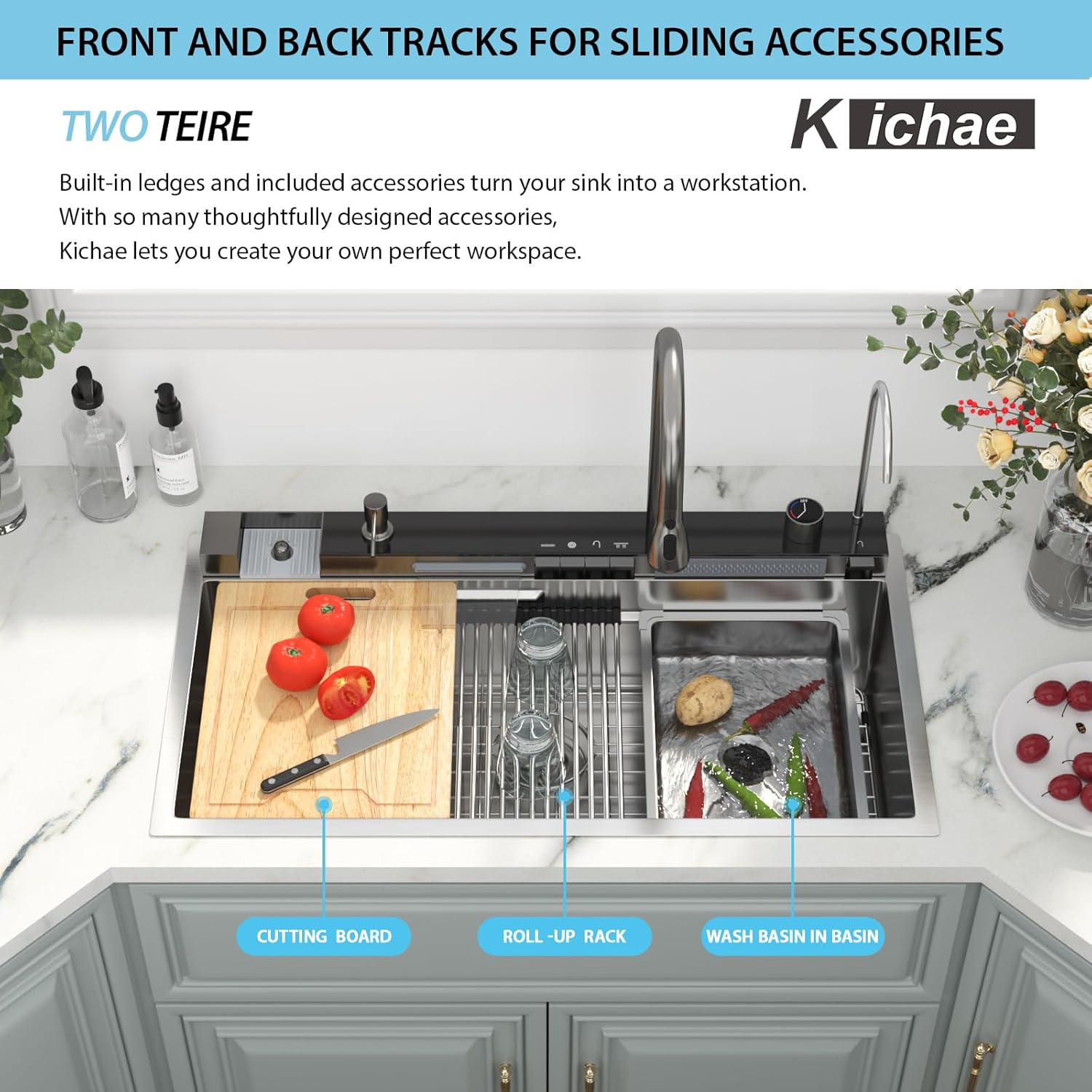 Kichae Smart Waterfall Kitchen Sink with Digital Display - 36x19 Drop In Kitchen Sink Stainless Steel 16 Gauge with Hot & Cold Water Handmade Single Bowl Workstation Sinks