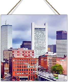 Watercolor USA City Boston Wooden Sign Plaque Capital City of Massachusetts Sign Plaque Watercolor Art Cityscape Wooden Door Hanging Signs Front Porch Wall Decor 8x8in Modern City Sign