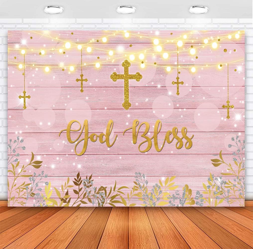 Sensfun God Bless Backdrop Baptism Party First Holy Communion Christening Banner Decoration Background for Girls Rustic Pink Wood Baby Shower Birthday Photo Backdrops 7x5ft