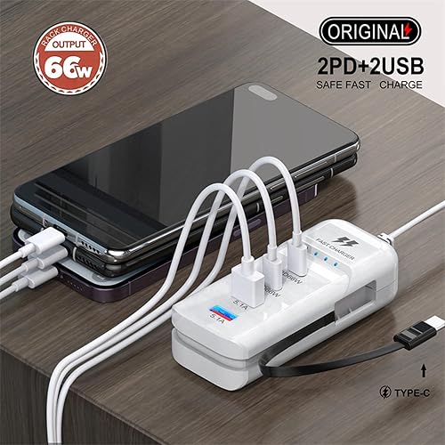 Miniatura 2 de Regleta de alimentación USB con 2 USB-A + 2 USB-C + cable desmontable tipo C, cable de enchufe tipo A de 2 pines (norteamericano), salida