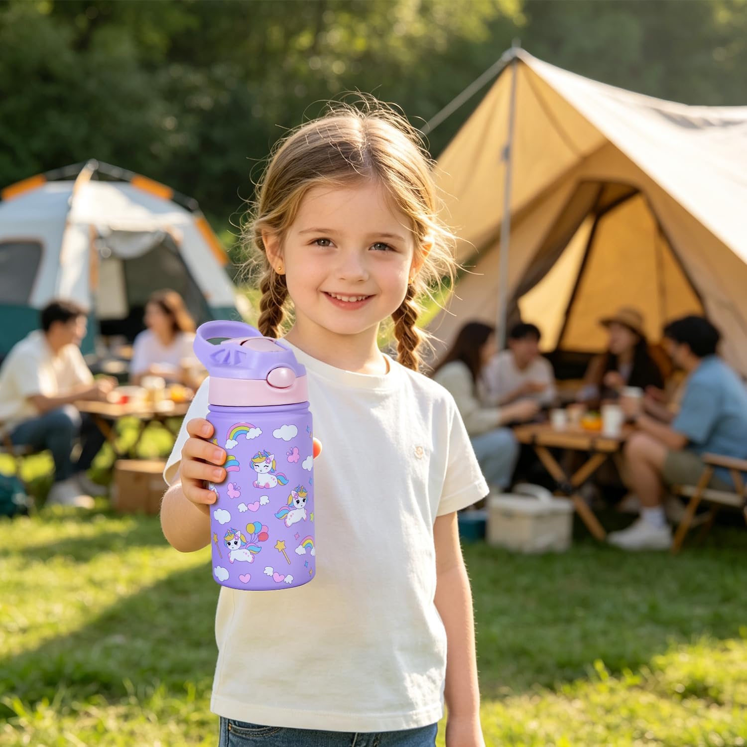 CHLJAR 12oz Kids Water Bottle for School, Stainless Steel Insulated Water Bottle for Boys&Girls, Kids Tumbler with Handle, Toddler Cups with Straws Leak-Proof, Leak-Proof, BPA Free, Cloud Unicorn