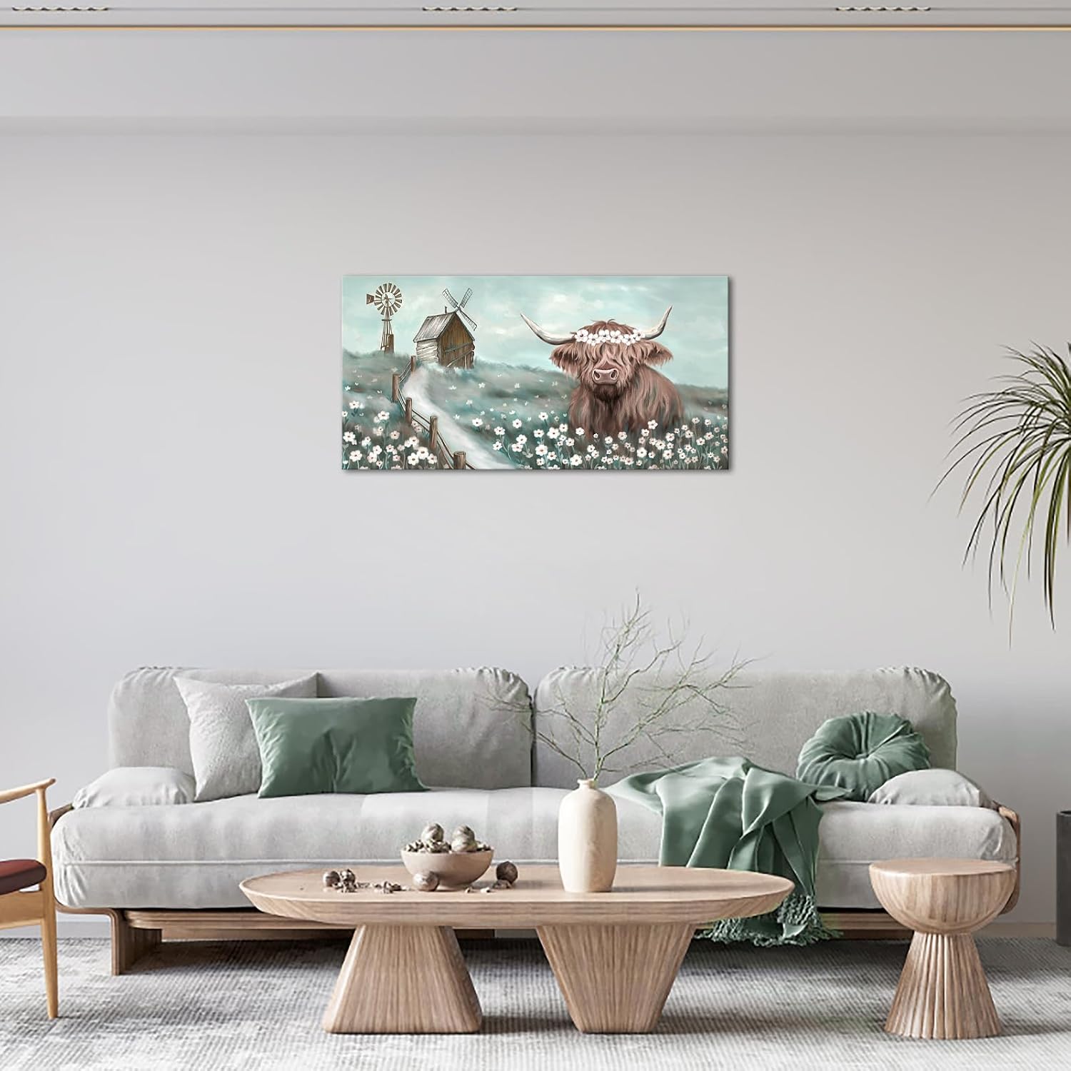 NutArtPic Farmhouse Barn Wall Art Highland Cow Canvas Rustic Country Pictures for Living Room, Dining Room, Bedroom, Nursery, Children's Room, Baby Room, Home Decor (20''x40'')