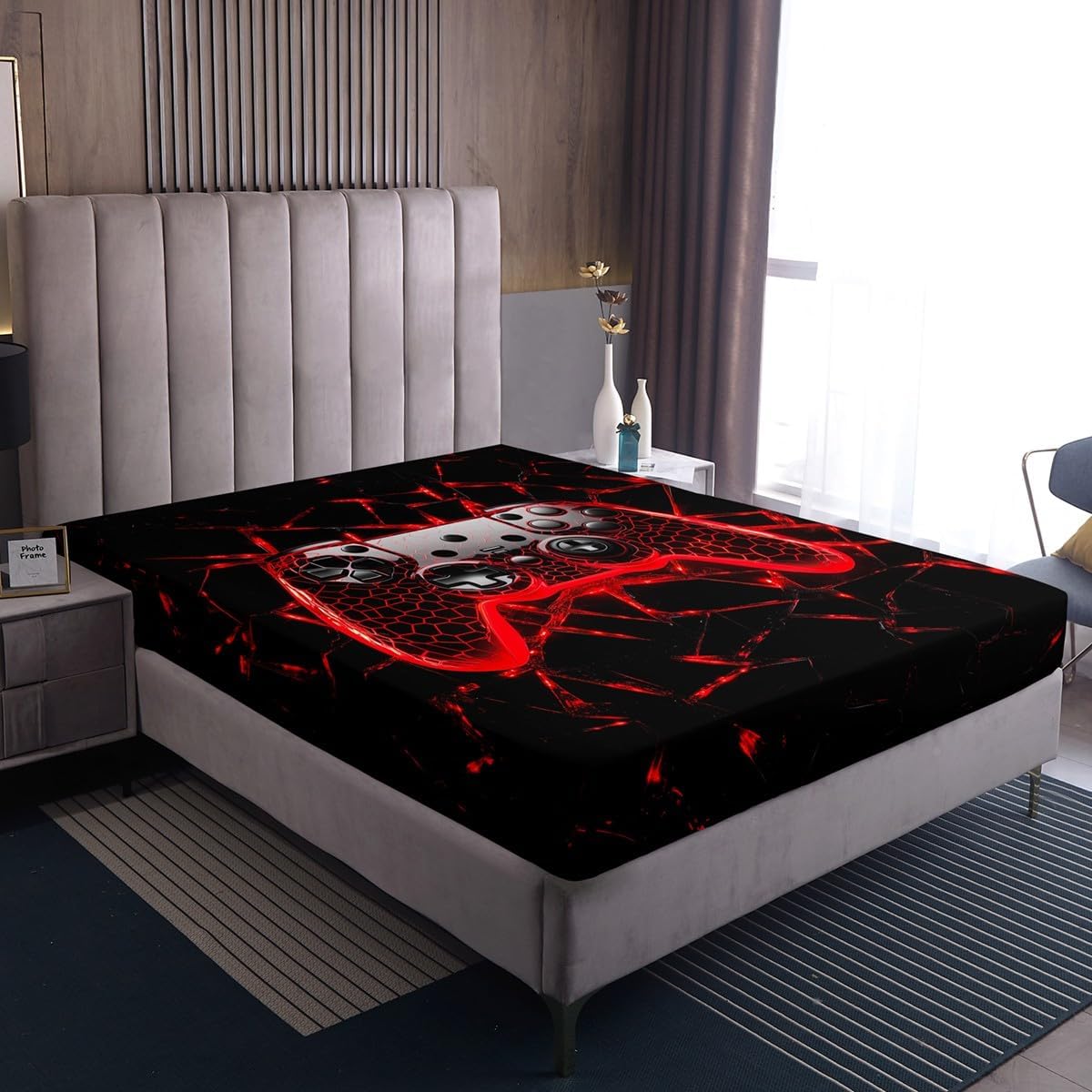 Gaming Gamers Kids Fitted Sheet Queen Size,Video Games Honeycomb Gamepad Neon Bedding Set,Boys Men Room Decor,Geometric Patchwork Abstract Red Black Bed Sheet,2 Pillowcases(No Flat) image 4