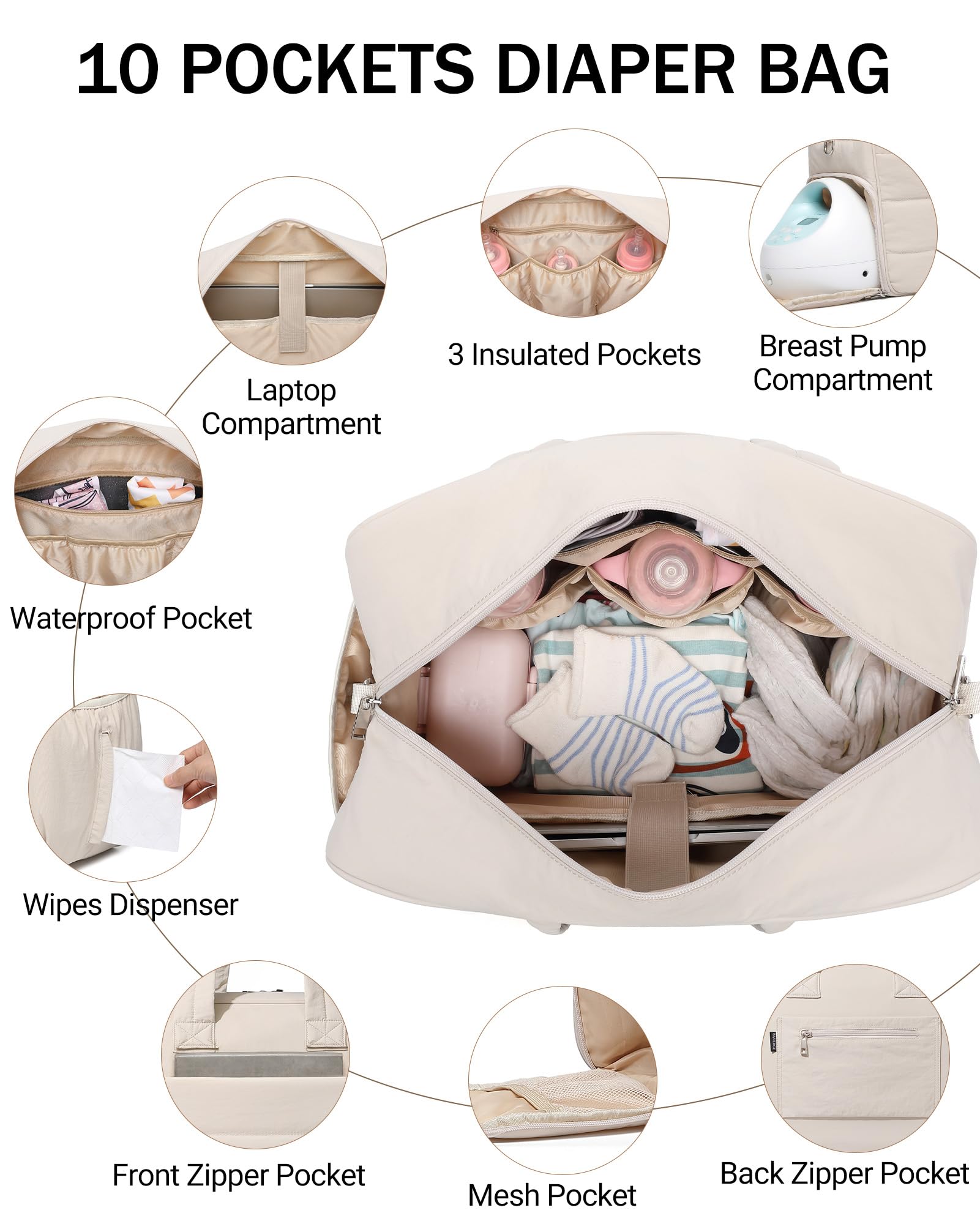 Borsa per pannolini con scomparto per tiralatte e laptop, borsa trapuntata con fasciatoio per passeggino, cinghie con fibbia, per riporre il latte materno per mamma, viaggi, lavoro