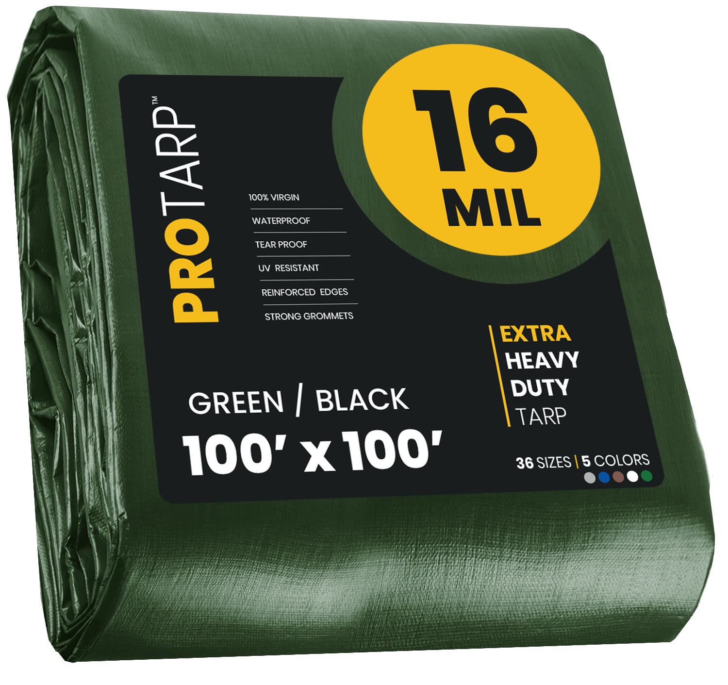 Extra Heavy Duty 16 Mil Tarp Cover, Waterproof, UV Resistant, Rip and Tear Proof, Poly Tarpaulin with Reinforced Edges for Roof, Camping, Patio, Pool, Boat. (Green/Black 100′ X 100′)