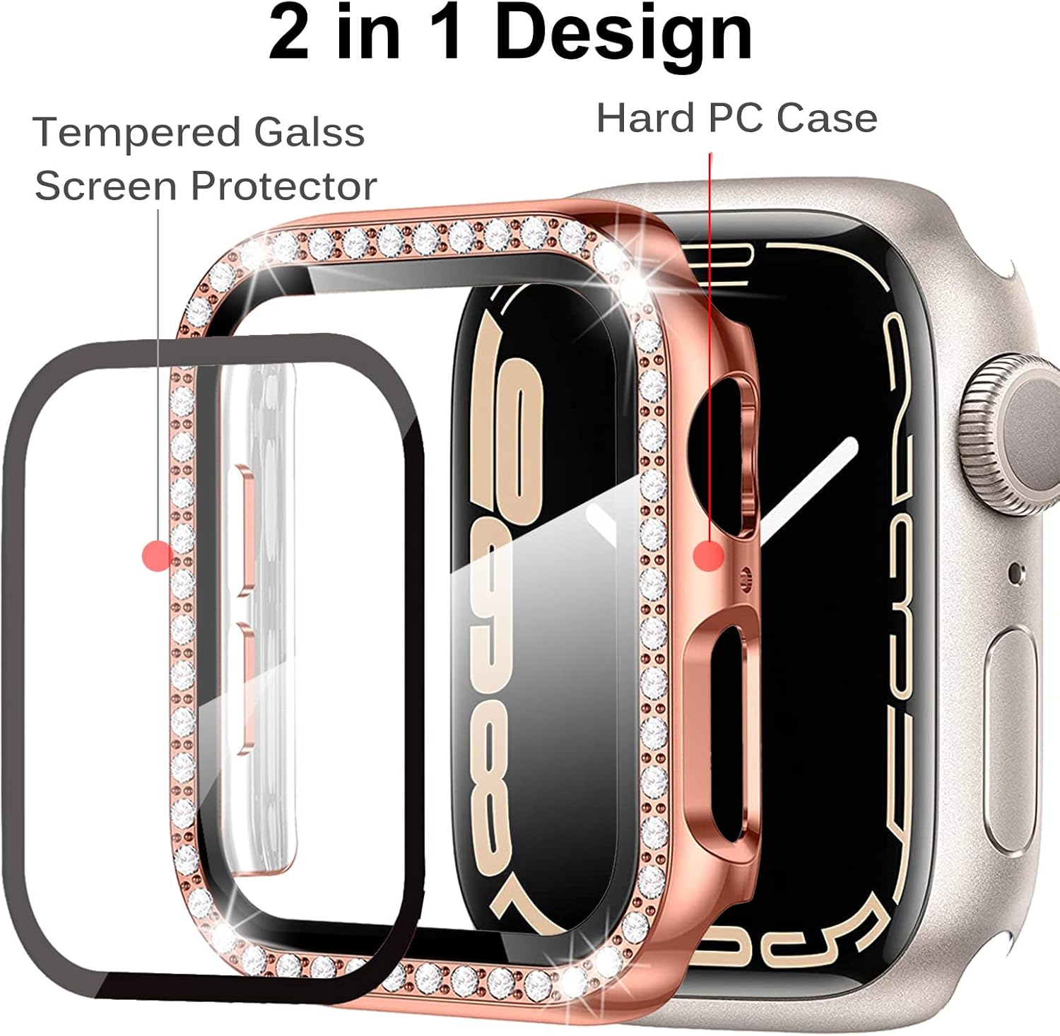 Miimall Bling Case Compatible for Apple Watch Series 8/7 41mm, PC Case with Tempered Glass Screen Protector&Crystal Diamonds - Image 4