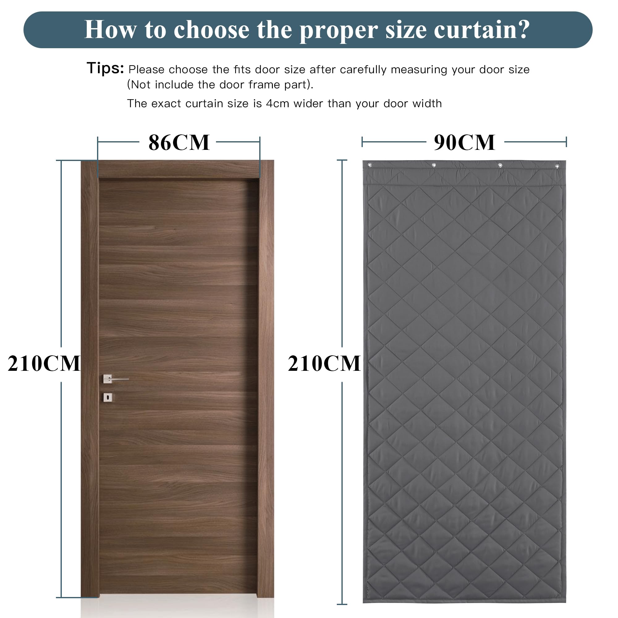 PONY DANCE Cortina Termica Aislante Frio y Calor Cortina para Puerta de Interior y Exterior Cortina con Relleno Grueso de Invierno con Adhesivas, 90X210cm, Gris