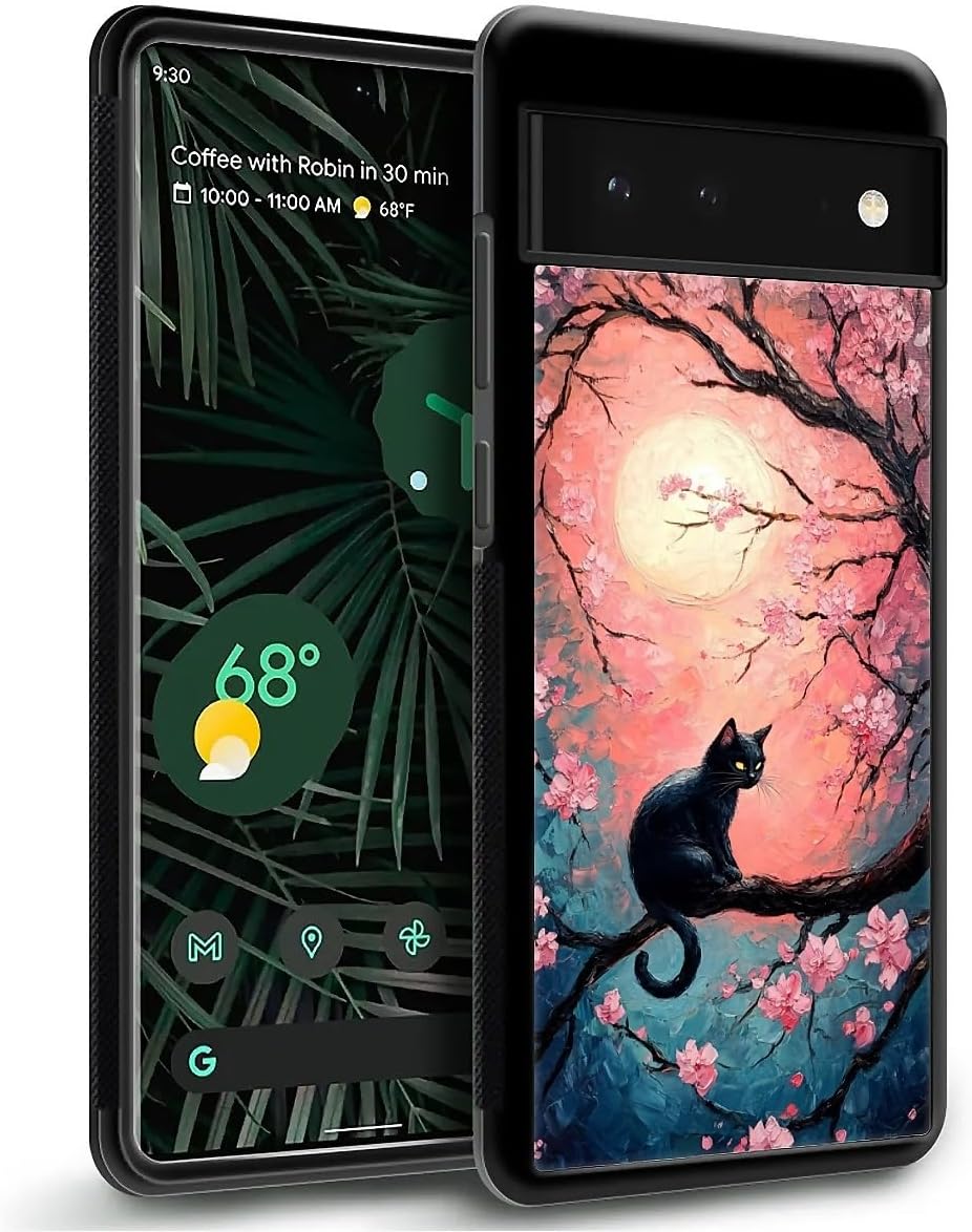 CARLOCA Compatible with Google Pixel 6 Case for Girls Boys Hard Shell Shockproof Protection TPU Non Slip for Google Pixel 6 Fashion Pattern Black Cat Cherry Blossom Branch Flowers image 2