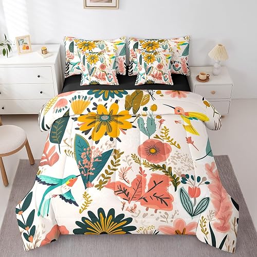 Watercolor Floral Bed in a Bag 7 Pieces Cartoon Hummingbird Bedding Set, Cute Wi