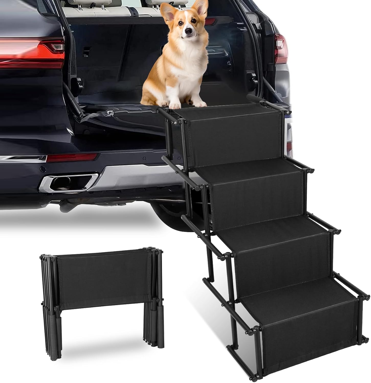 KOCASO 4 Step Dog Steps Foldable Dog Ramps Non Slip Dog Stairs Portable Dog Steps