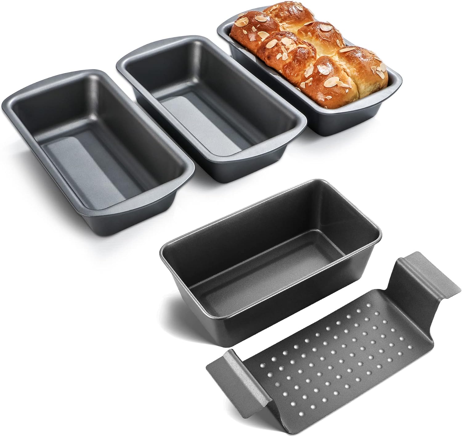 HONGBAKE Meatloaf Pan with Drain Tray 9 x 5 Inches and 3 Pack Bread Pan for Baking