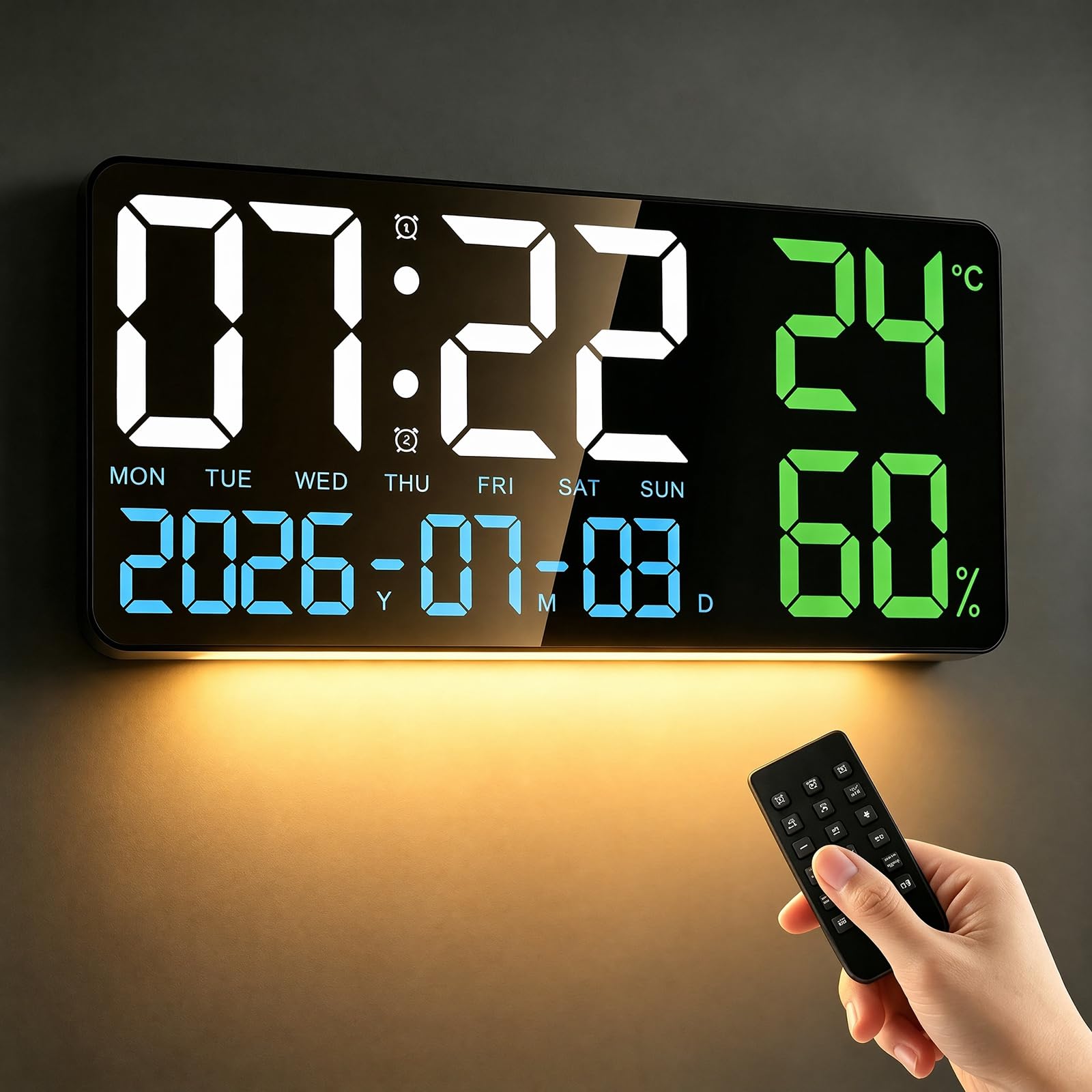 15" Orologio da Parete Digitale Grande, Orologio Digitale LED con Telecomando, Luce Notturna, Temperatura, Data, Allarme, Dimmer, 24/12 H, per Soggiorno, Camera da Letto, Ufficio