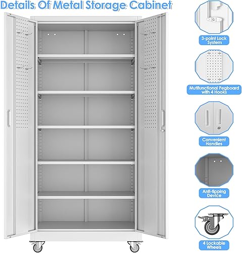 Miniatura 109 de Armario de almacenamiento de metal con tablero de clavijas de 31.5 x 31.5 x 16.5 pulgadas, armario de almacenamiento de acero con cerradura con 5