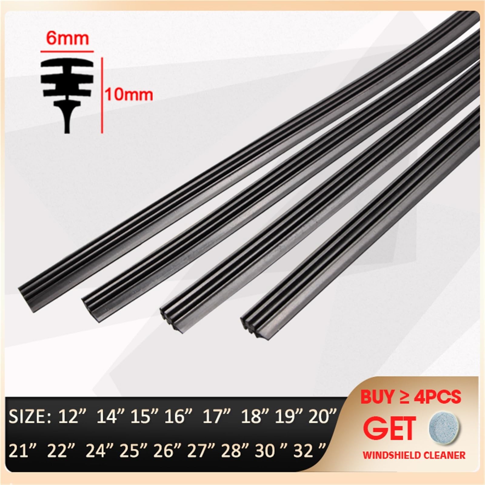 Zestaw 2 uniwersalnych gumek do wycieraczek bezramowych, 6 mm, 12, 14, 15, 16, 17, 18, 19, 20, 21, 22, 24, 26, 27, 28, 30, 32 (2 szt. 17 cali 425 mm)