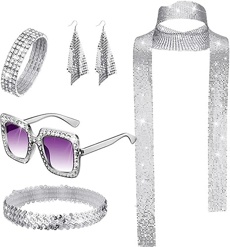 SUMGOGO 6 piezas de accesorios de discoteca de los años 70 para mujer, fiesta de baile, cosplay, disfraz de lentejuelas, bufanda, aretes, lentes de