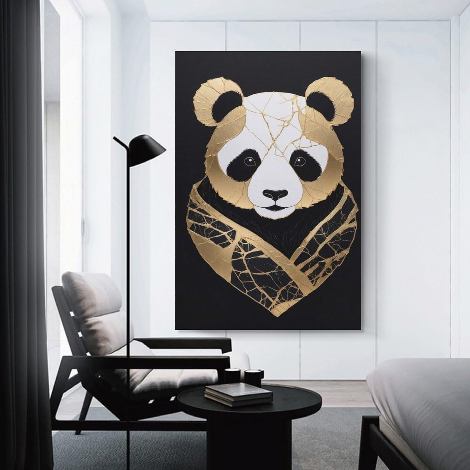 Junmoney Golden Panda Kintsugi Art Decorative Wall Artwork, 16x24inch(40x60cm), for Home Lounge, Bedroom Or Reading Nook, Easy Decor for Gallery Walls
