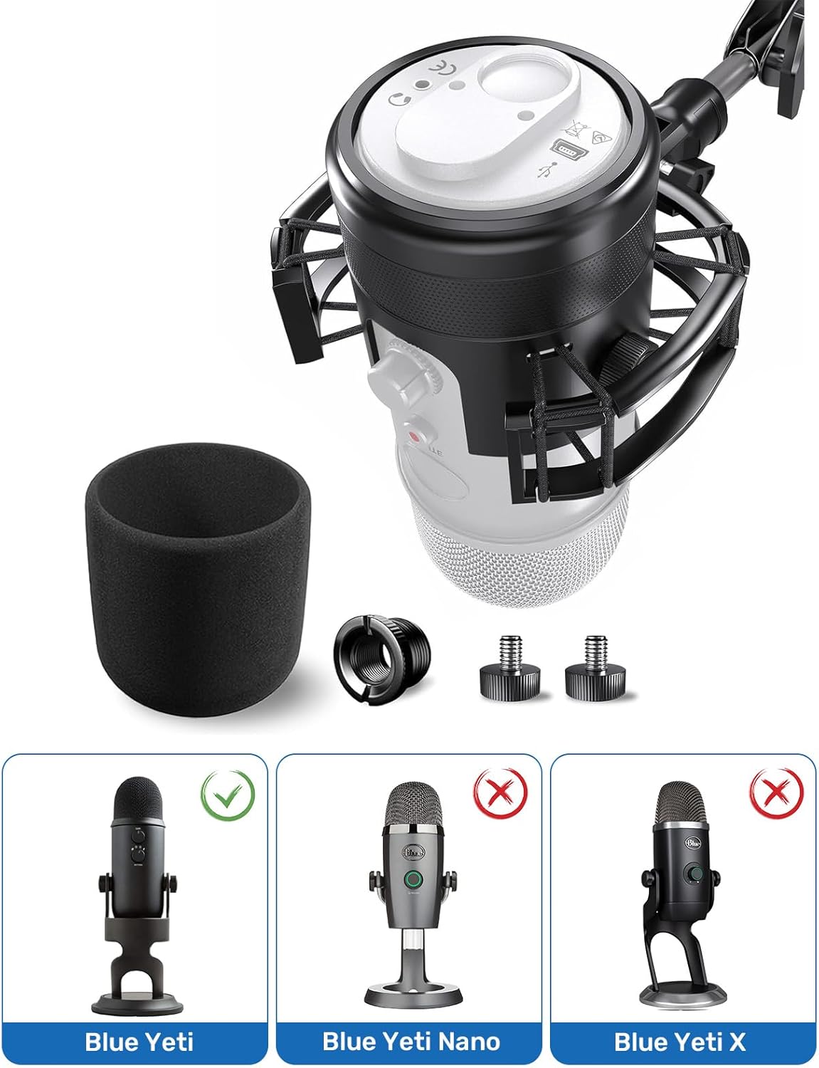 Custom Built Shock Mount with Pop Filter for Blue Yeti Microphones, Metal/Plastic Frame, Anti-Vibration Suspension, Floor Mount