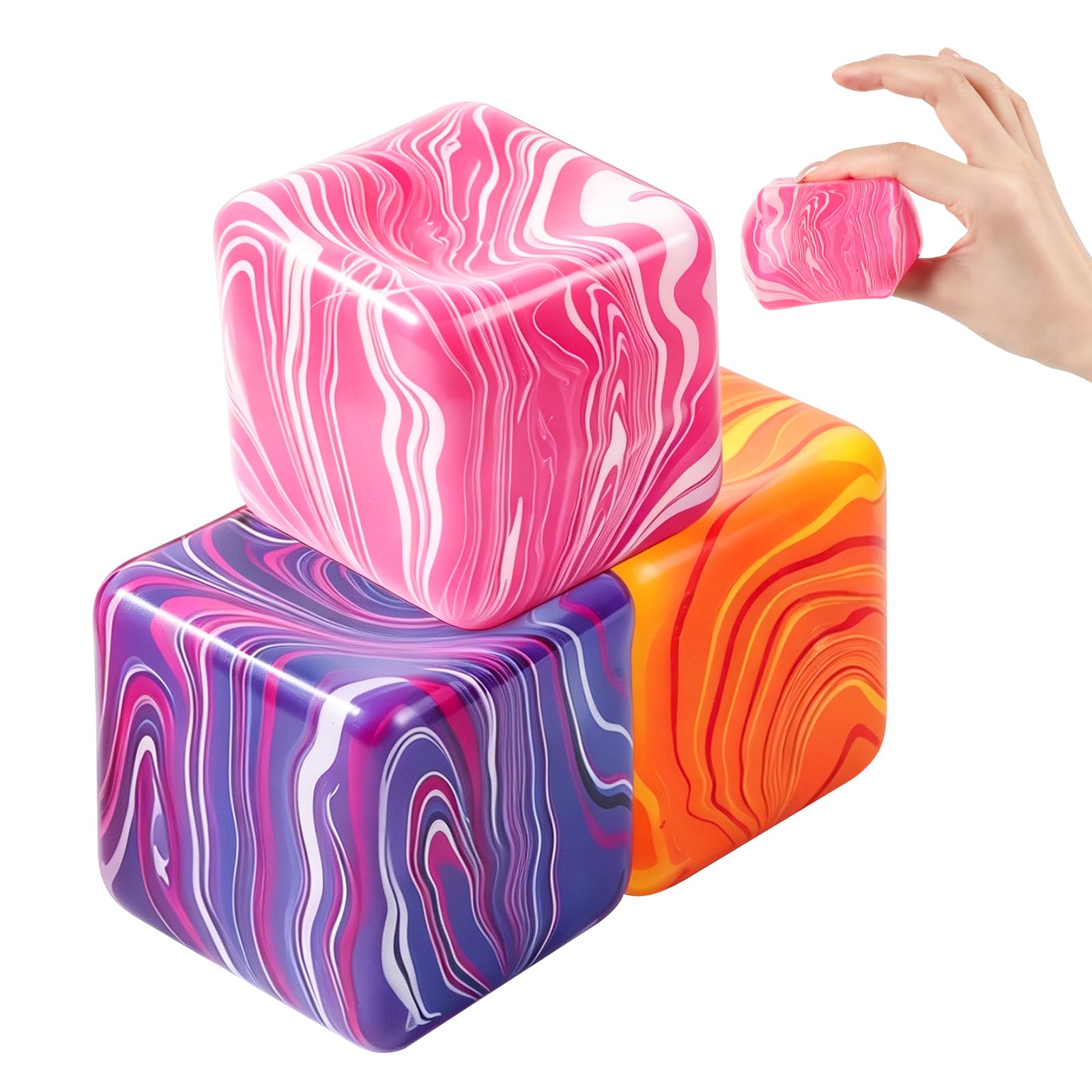 Squishy Stress Cube - 3PCS Fidget Toys, Stress Cube with Smooth Ripple Design, Malt Sugar Filled Squishy Stress Relief Toys, Autism Fidget Balls Sensory, Anxiety Relief Item for Teens Adults