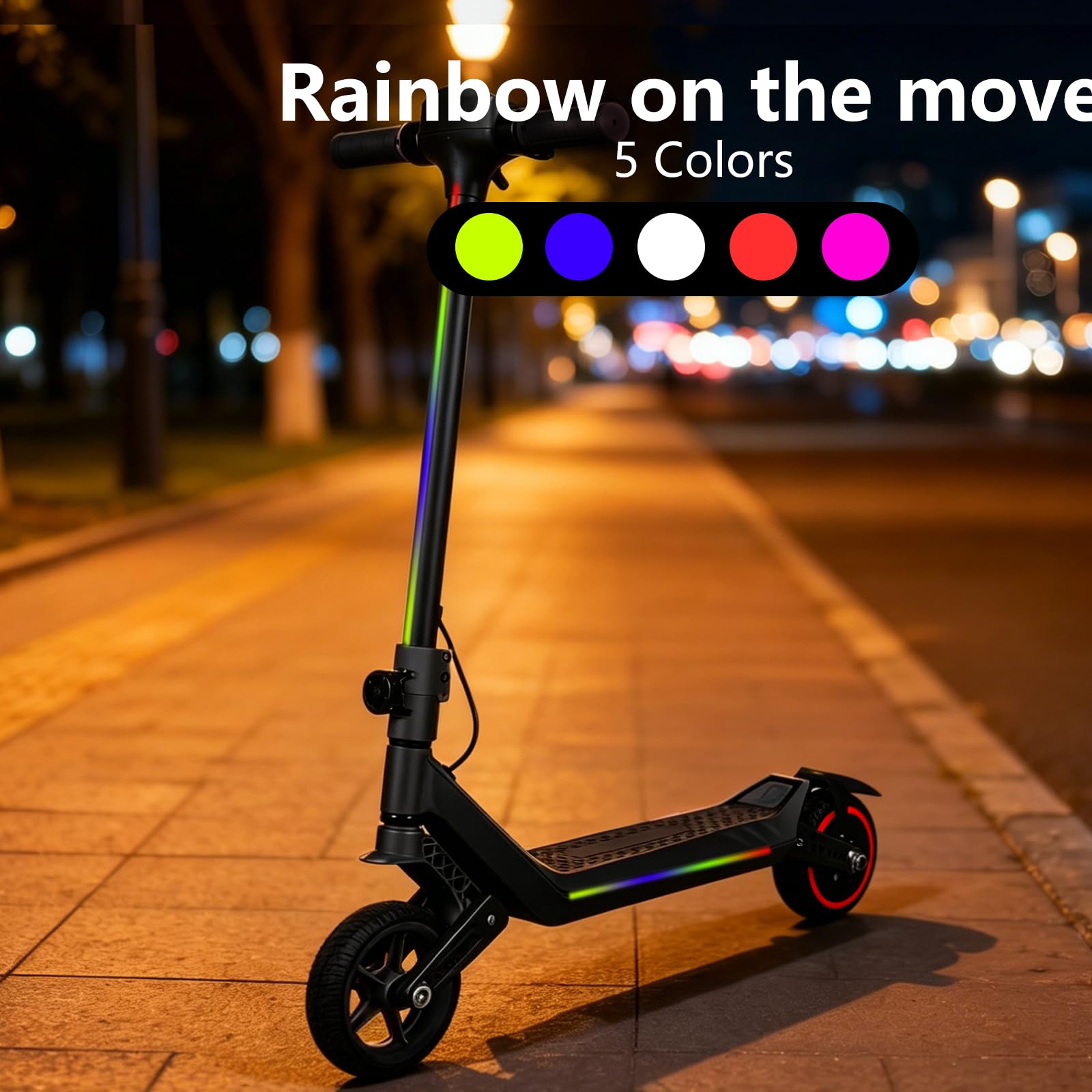 Monopattino elettrico per bambini, doppia sospensione, con luci arcobaleno colorate e indicatore LED, portata di 12 km, regalo per ragazzi e ragazze dai 6 anni in su (nero)