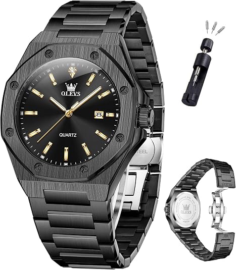 OLEVS Mens Watches Octagonal Luxury Stainless Steel Dress Watches for Men Quartz Analog Large Face Luminous Watch