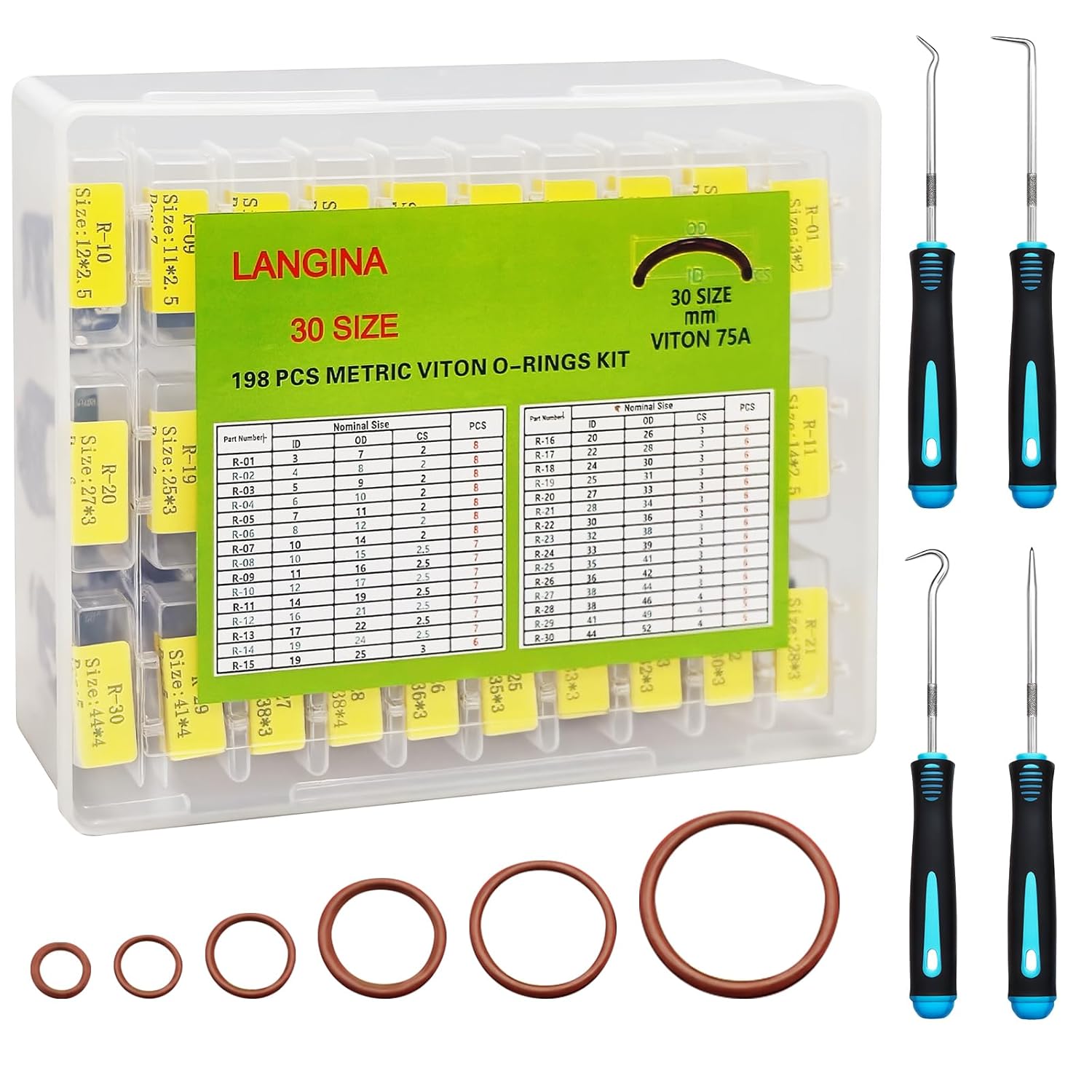 198PCS Viton O Ring Kits, 30 Sizes Metric Viton O-Rings Kit, Brown Fluorocarbon Seal Rings, 75A Shore FKM O Rings Assortment for Home Repair,Car,Hydraulic,Automotive and A/C System