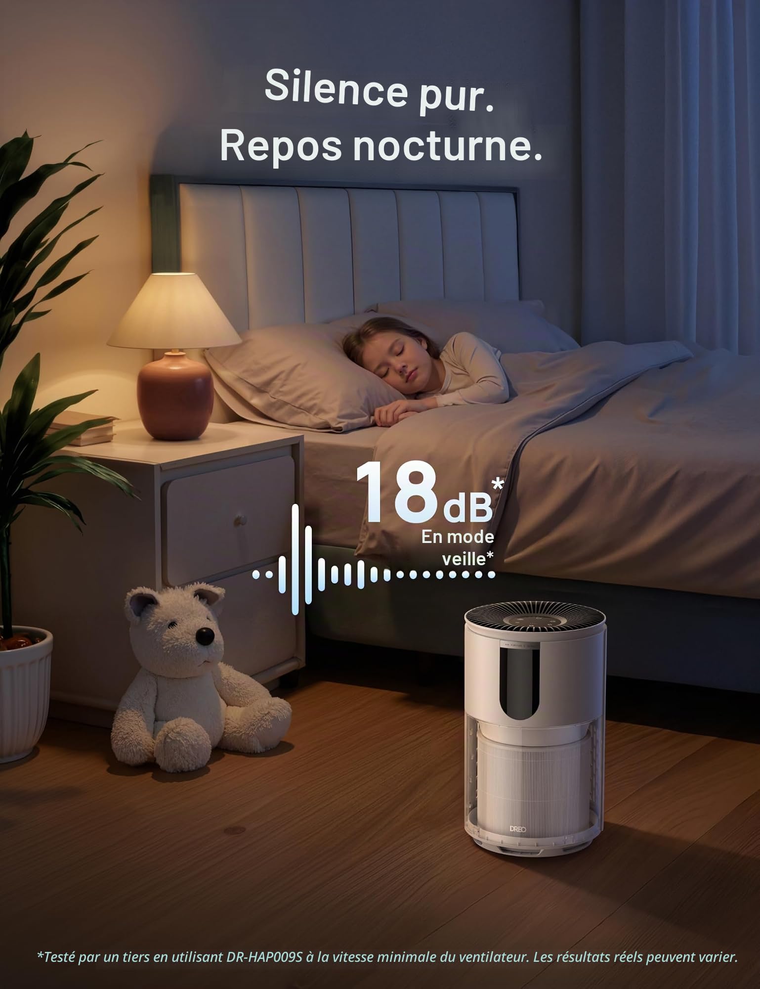 DREO Purificateur d'air pour chambre jusqu'à 55 m², contre odeurs, pollen et fumée, certifié AHAM, filtre HEPA 3-en-1, capteur PM2.5, moniteur de qualité de l'air, 18 dB, Wi-Fi, compatible Alexa