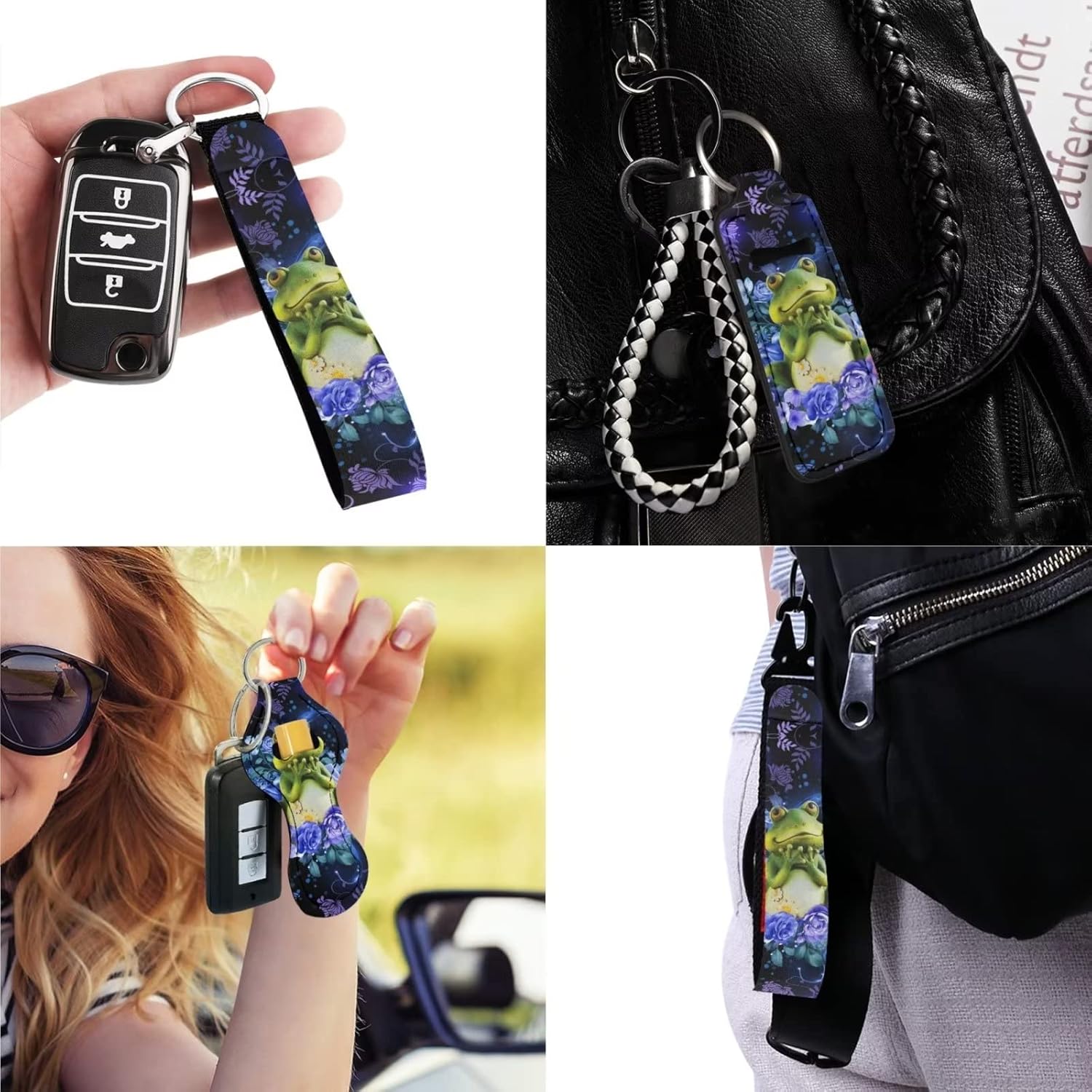 Poceacles 13 Pieces Frog Flower Car Accessories Full Set Includes Car Seat Cover Steering Wheel Shoulder Seat Belt Pads Cup Holder Chapstick Holder Keychain Decor