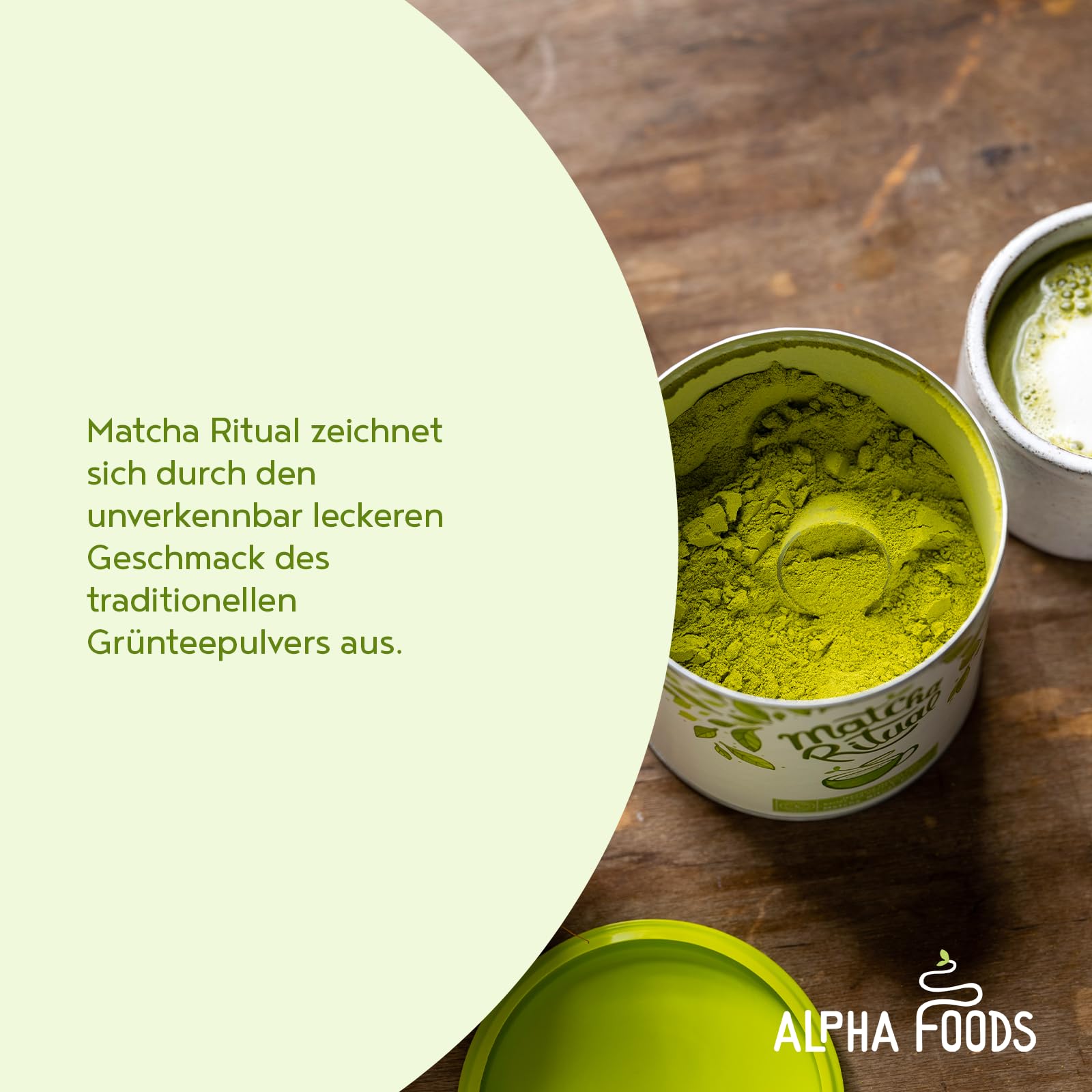 Alpha Foods Matcha Latte Pulver, vegan, 25% japanischer Zeremonien-Matcha Ritual mit Kokosnussmilch-, Gersten- und Weizengraspulver, für Smoothies, Shakes und Tee, 210g, 30 Portionen, Macha Powder